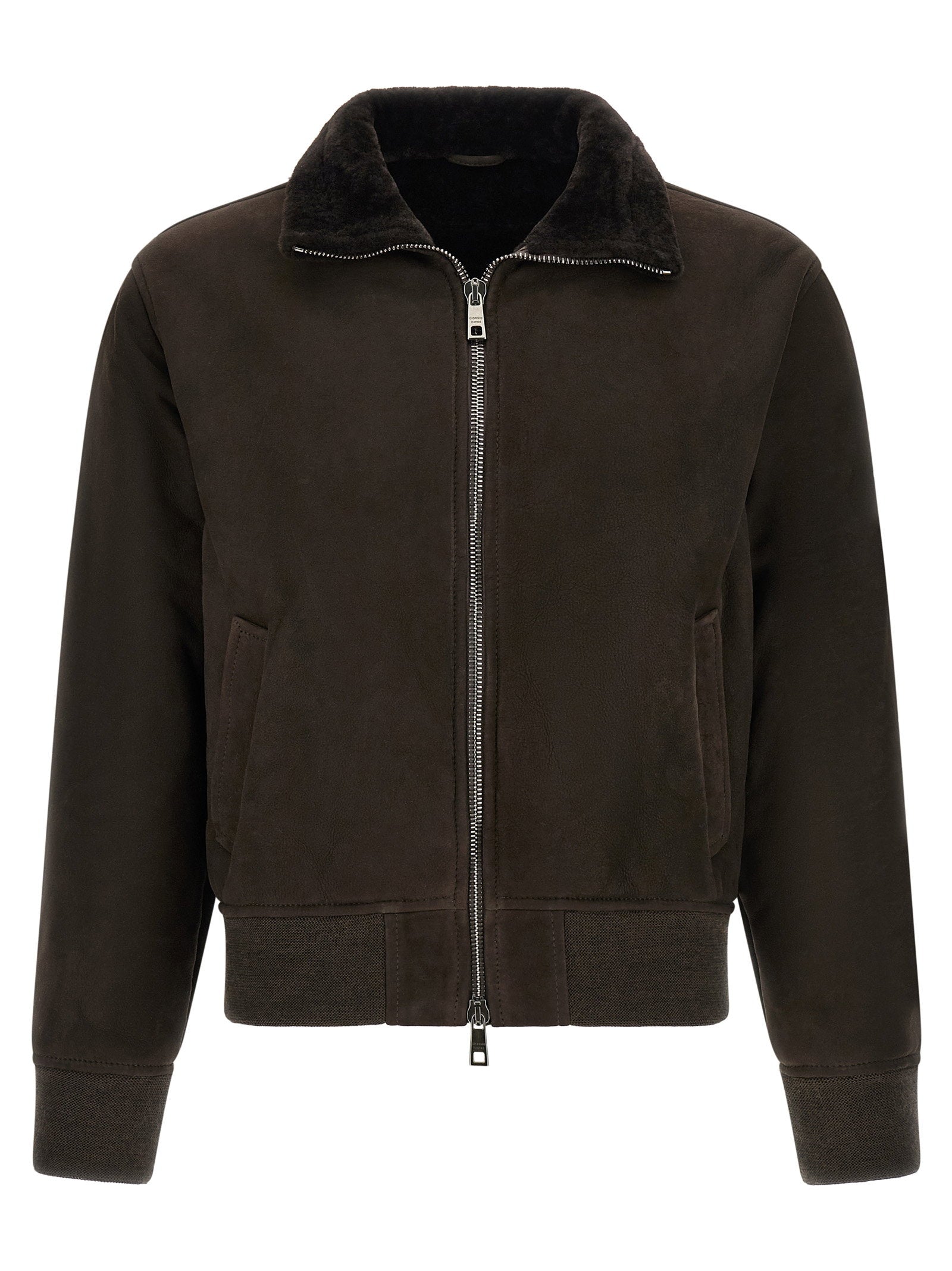 Giorgio Brato Suede Bomber with Shearling Collar Jacket — Brown