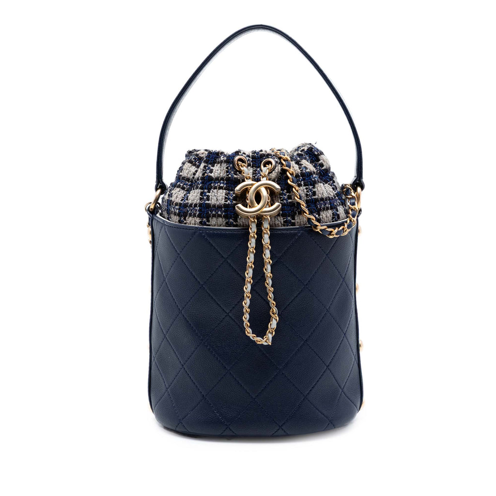 Medium CC Calfskin and Tweed Drawstring Bucket Bag