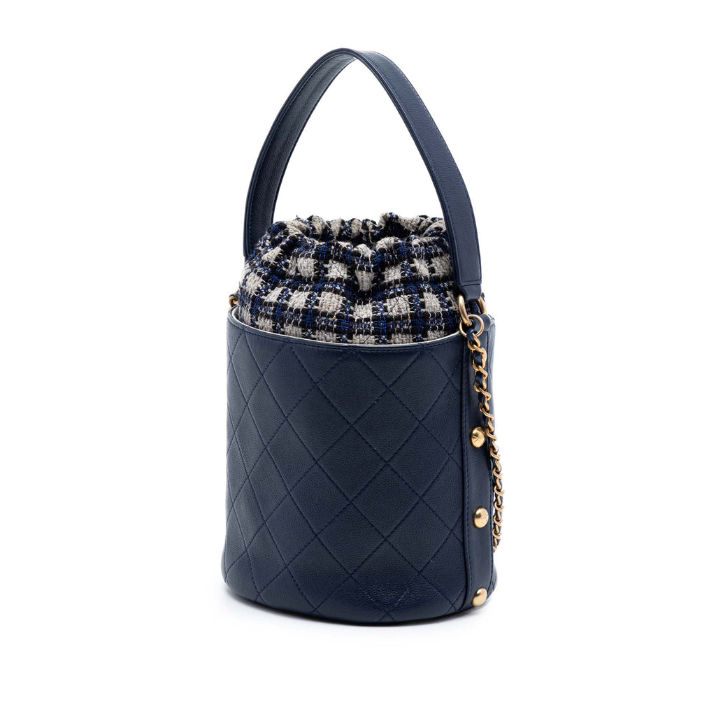 Medium CC Calfskin and Tweed Drawstring Bucket Bag
