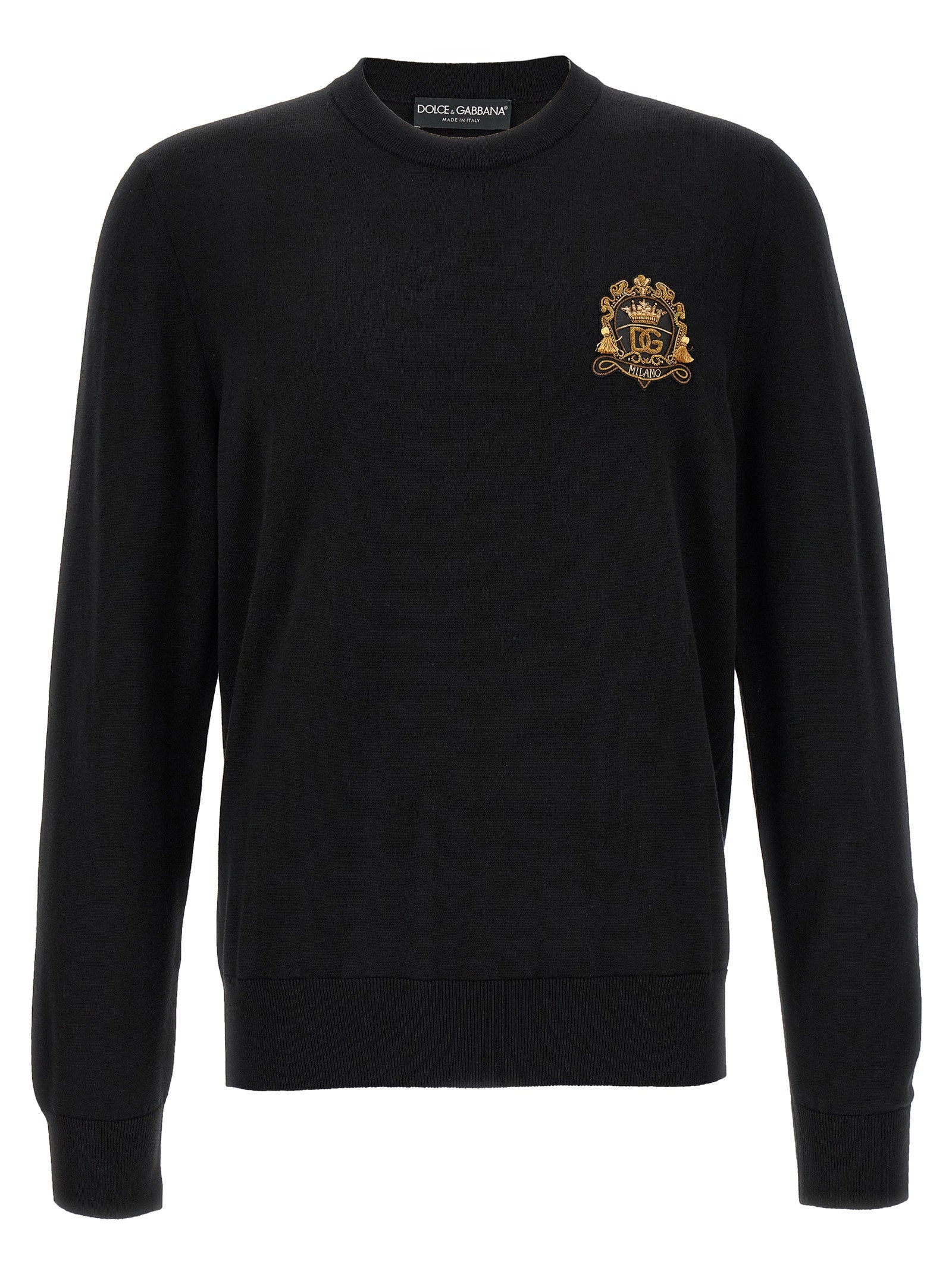 Dolce & Gabbana Crest-Embroidered Virgin Wool Sweater — Black