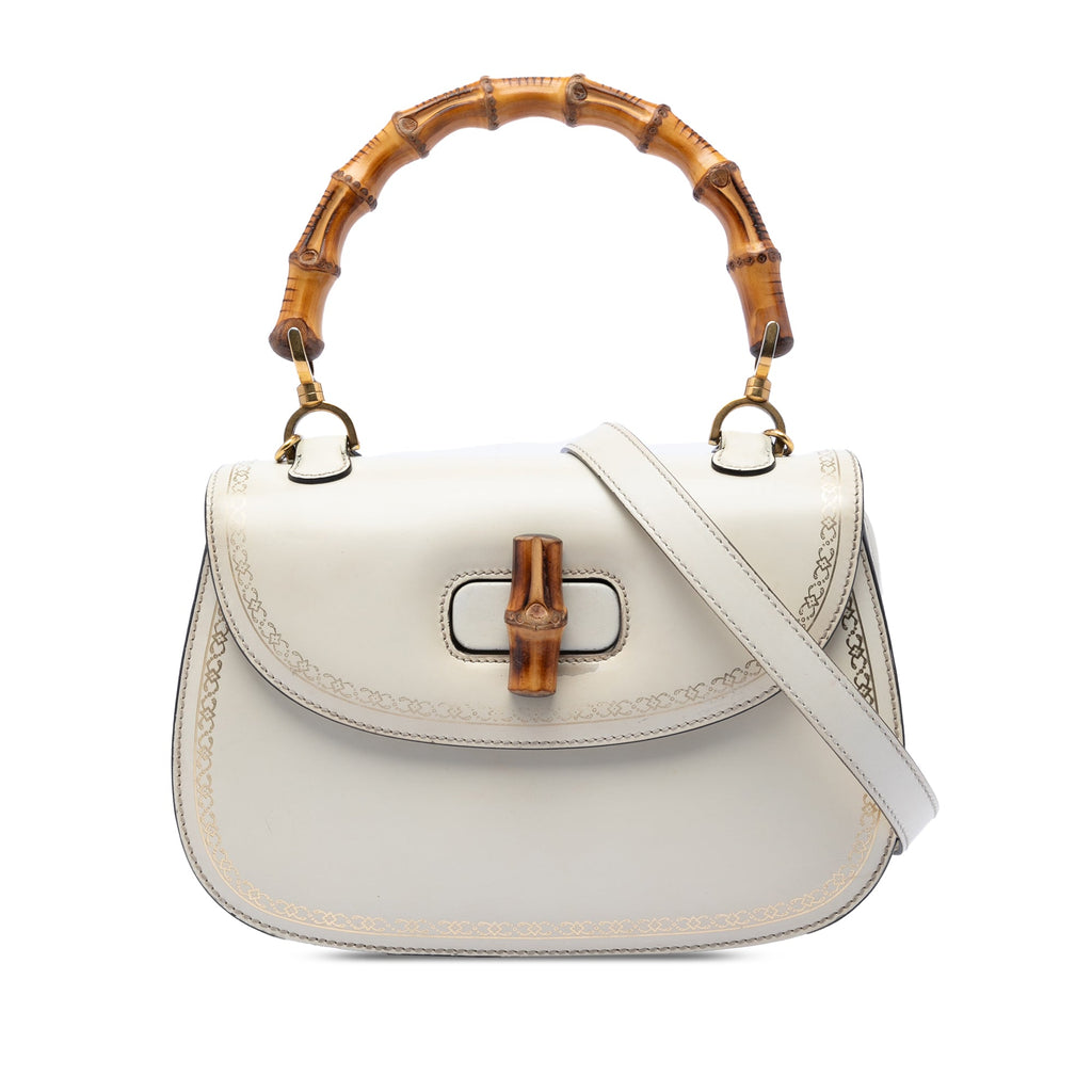 Calfskin Frame Print Bamboo Top Handle Bag