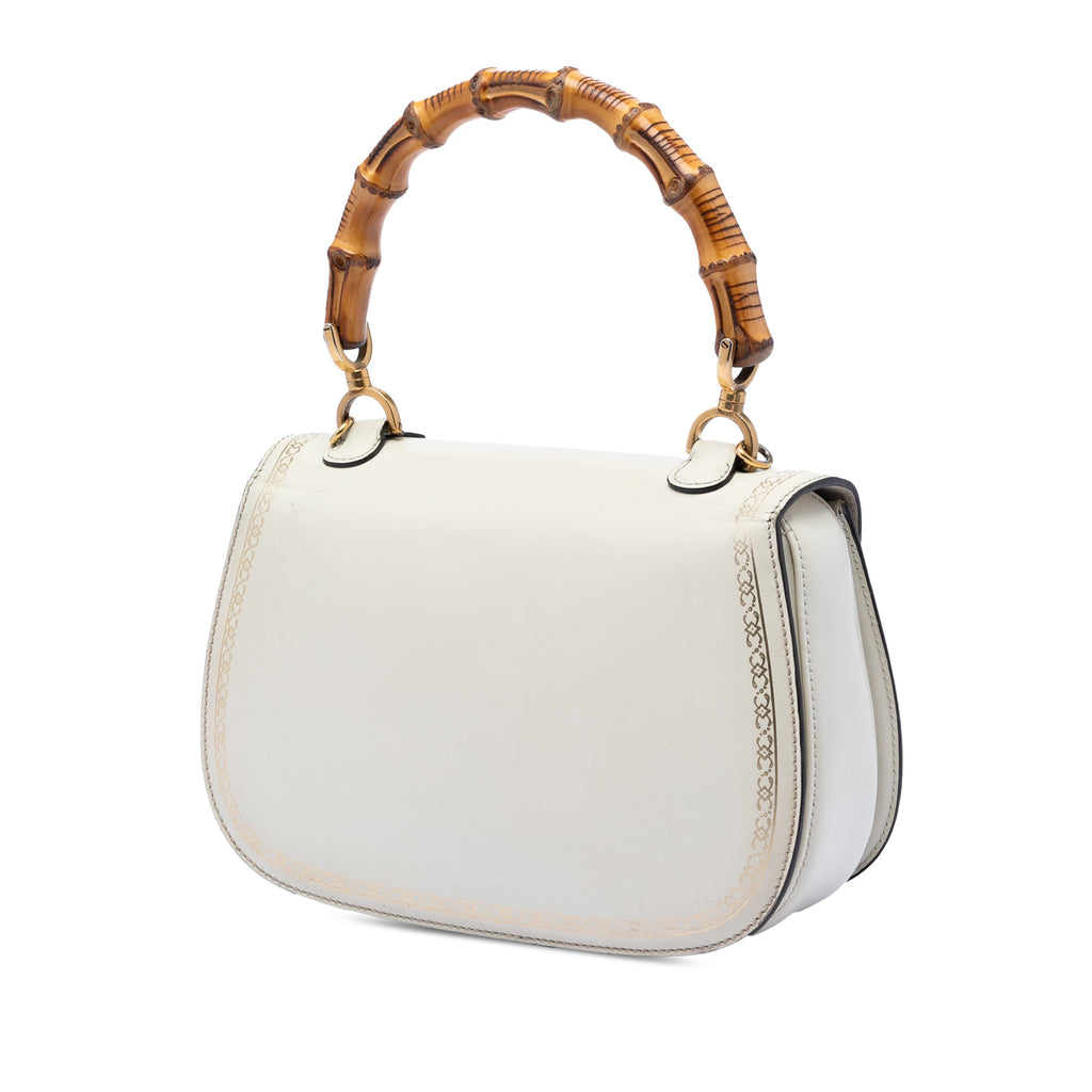 Calfskin Frame Print Bamboo Top Handle Bag