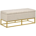 Storage Ottoman Bench with Flip Top & Golden Steel Legs, Linen Fabric Footstool, Beige