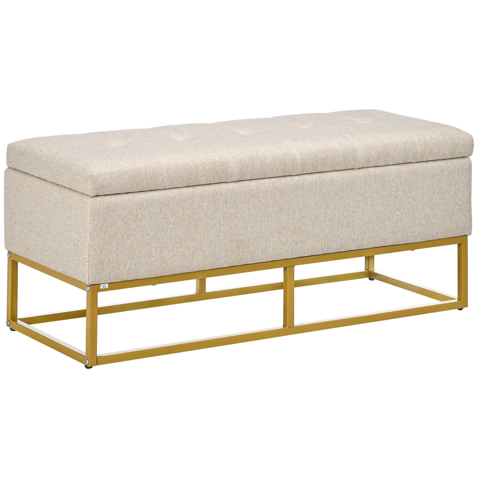Storage Ottoman Bench with Flip Top & Golden Steel Legs, Linen Fabric Footstool, Beige