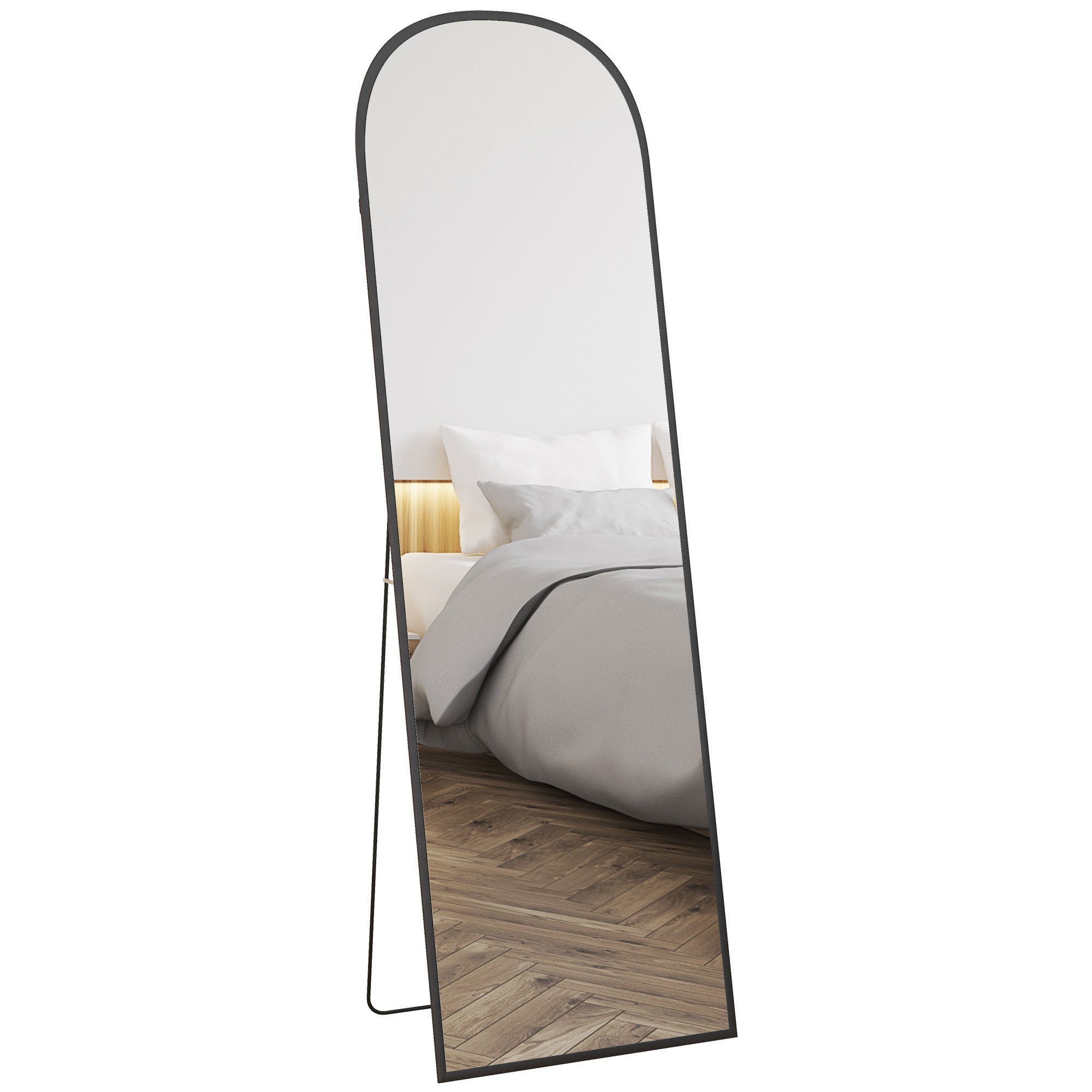 Arched Freestanding Floor Mirror with Aluminium Alloy Frame, Hanging or Leaning, Black