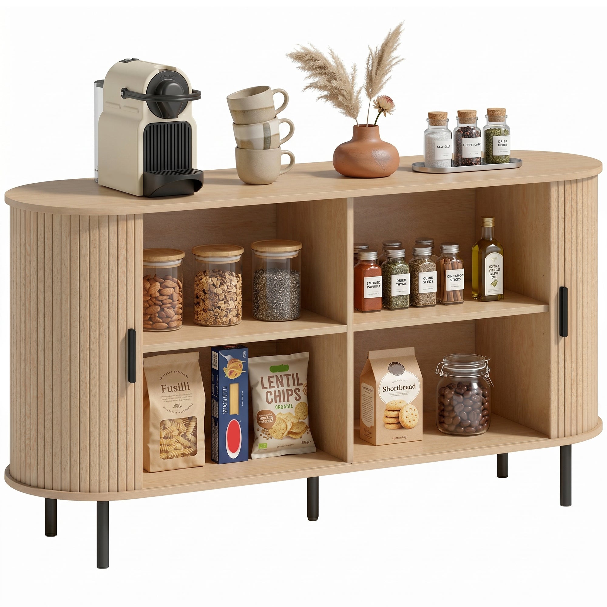 55" Fluted Sideboard Buffet with Sliding Doors, Adjustable Shelves, Natural Wood