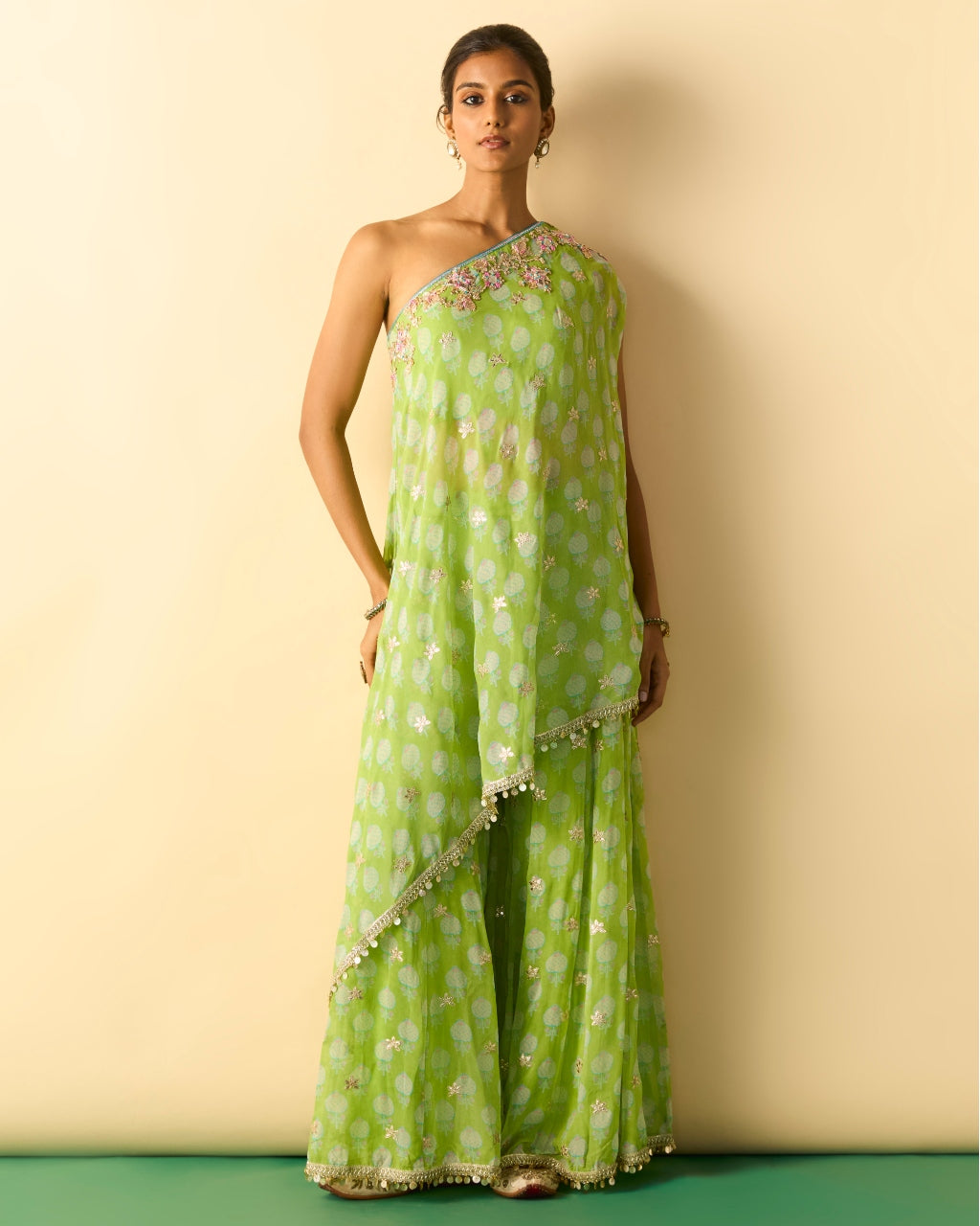 Green Dia One Shoulder Set By KYNAH, Luxury Indian Fashion & Bridal Wear