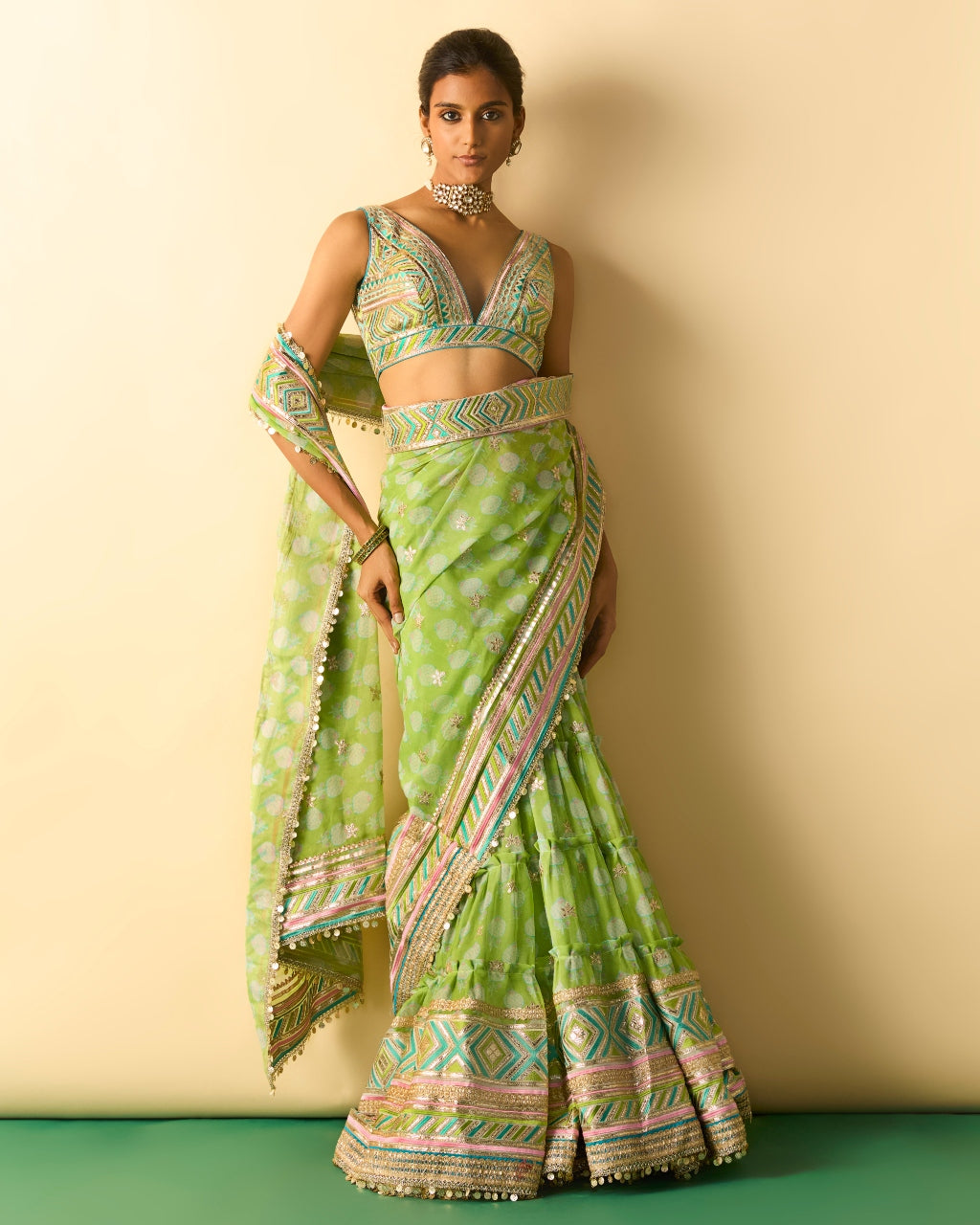 Green Jasleen Sari Set By KYNAH, Luxury Indian Fashion & Bridal Wear