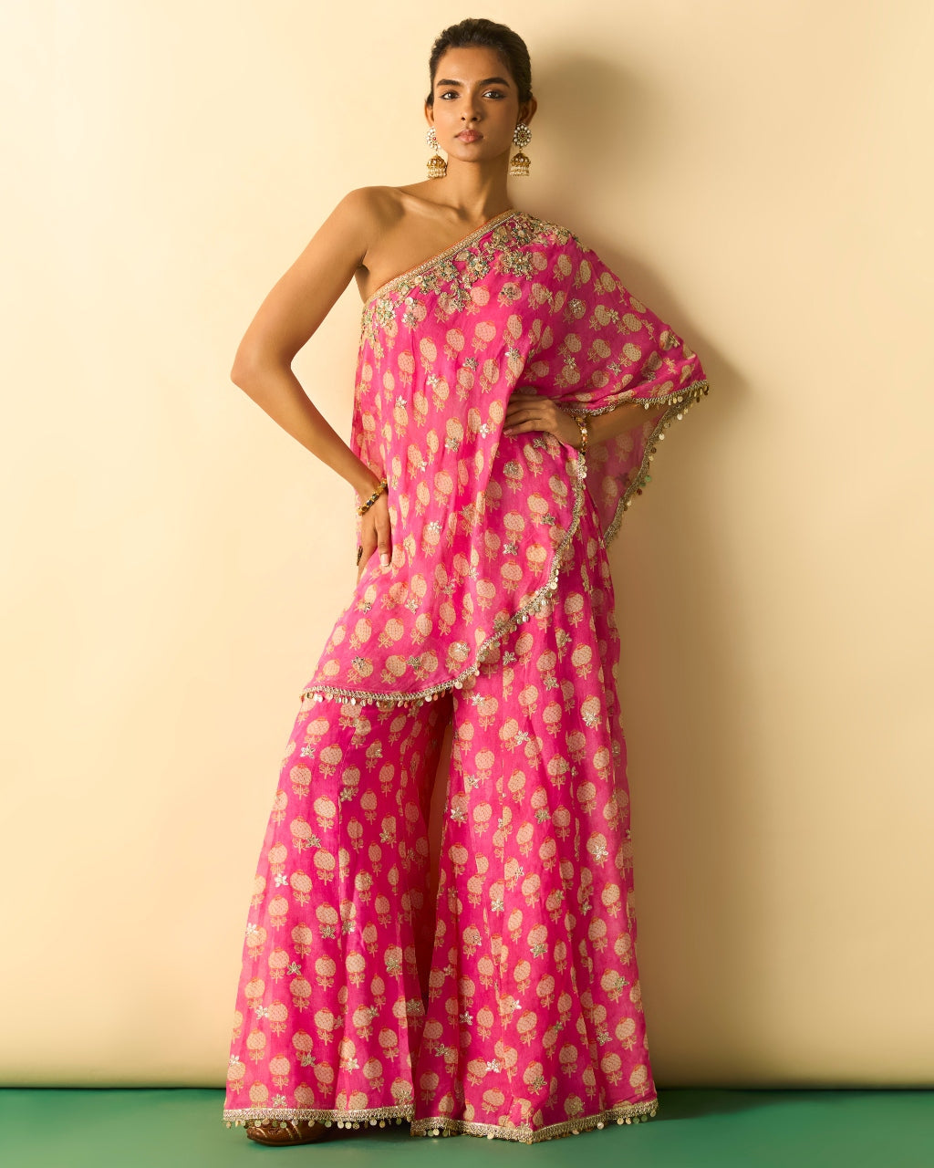 Pink Chhavi One Shoulder Set By KYNAH, Luxury Indian Fashion & Bridal Wear