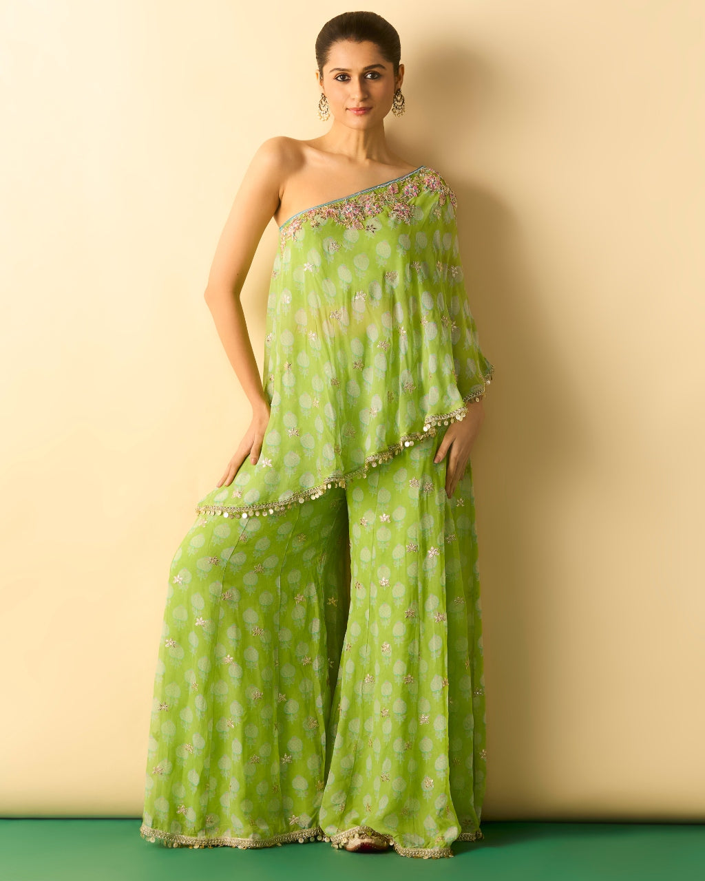 Green Chhavi One Shoulder Set By KYNAH, Luxury Indian Fashion & Bridal Wear