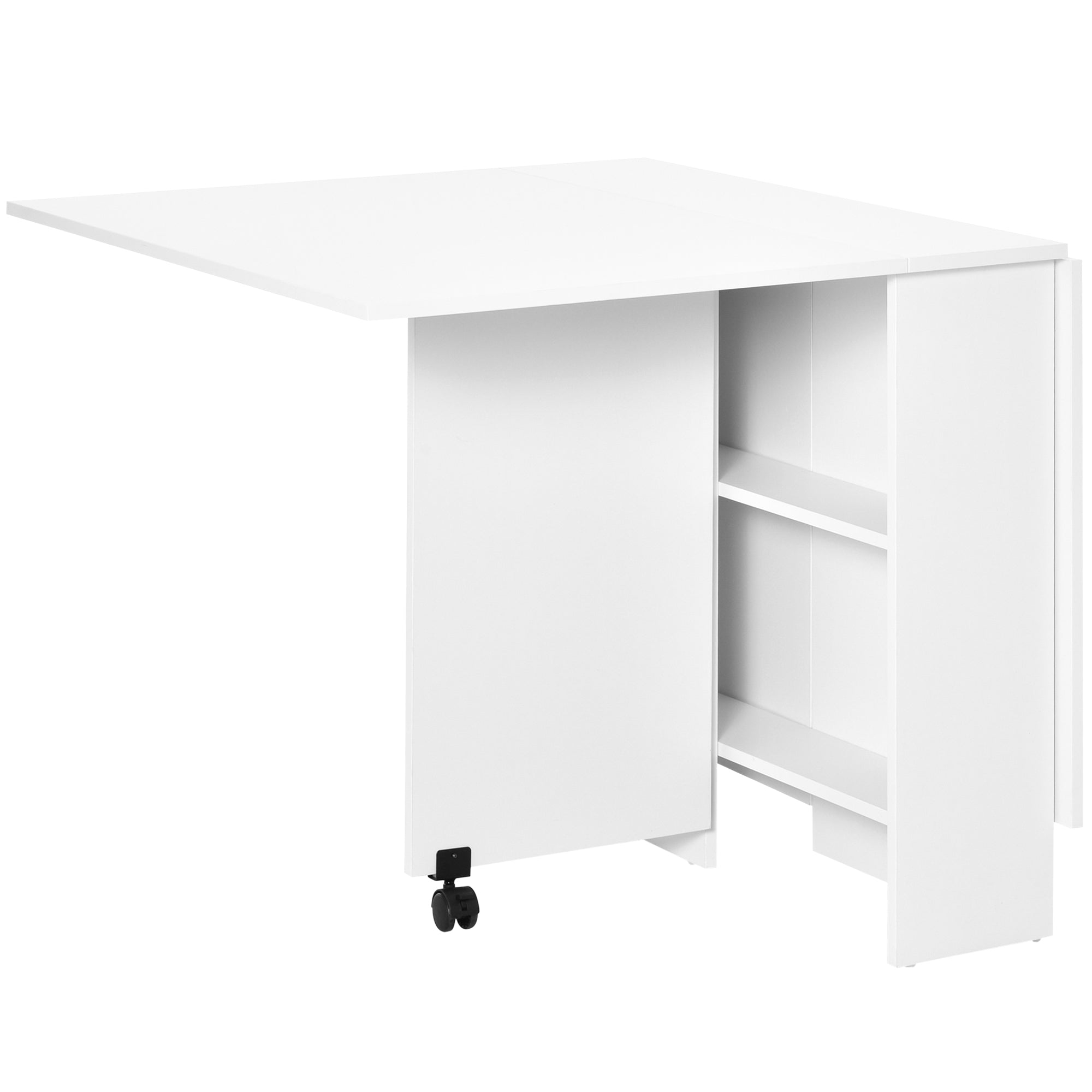 Folding Drop Leaf Table with 2 Tier Shelves for Small Spaces White