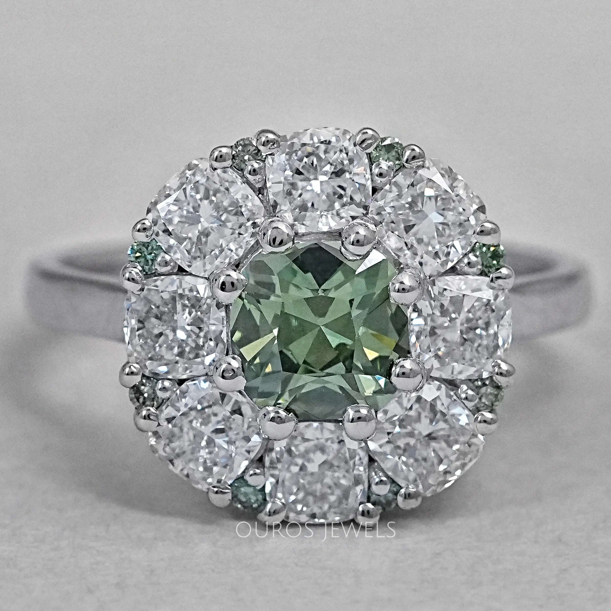 Green Cushion Cut Lab Diamond Halo Engagement Ring