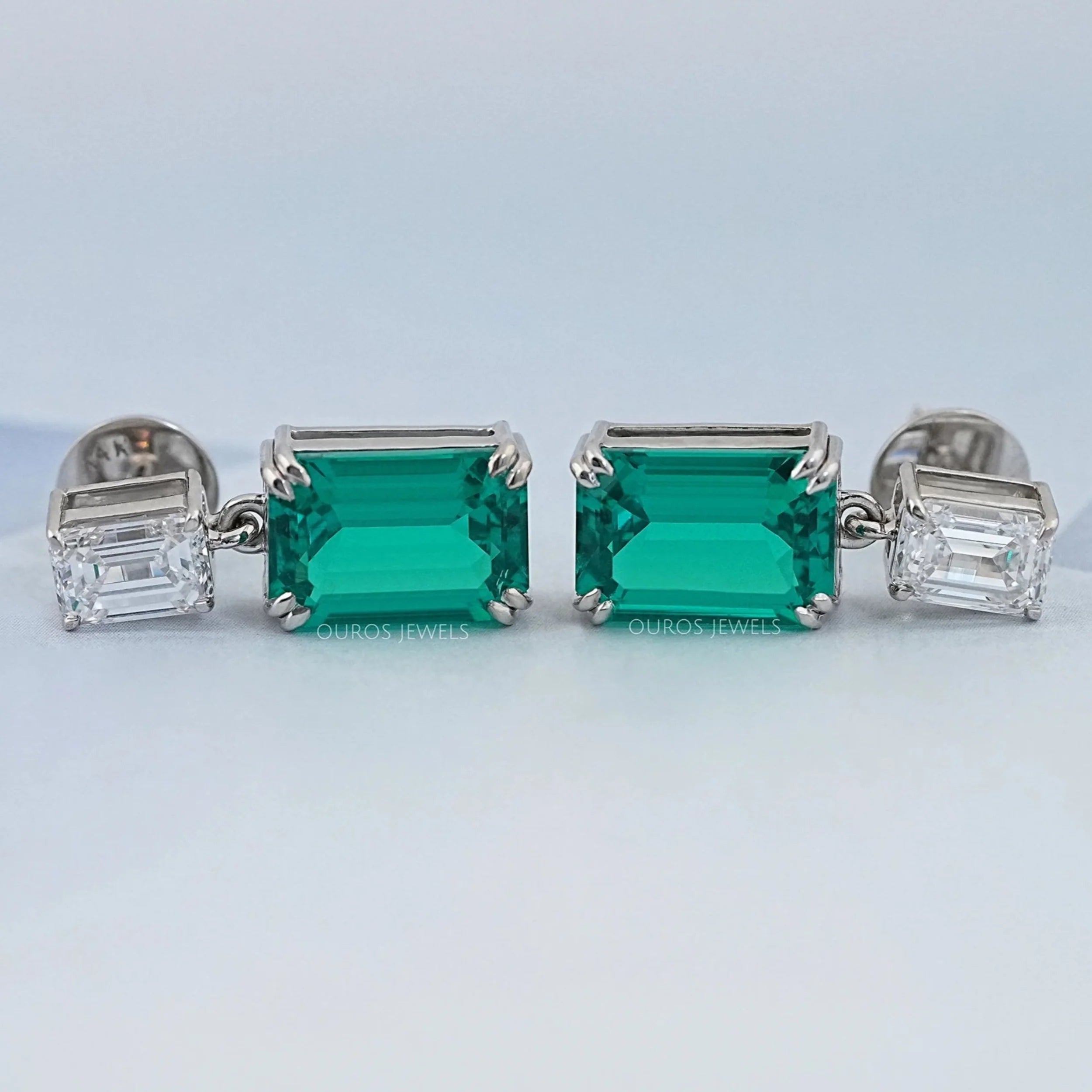 Two Stone Green Emerald Gemstone Drop Earrings