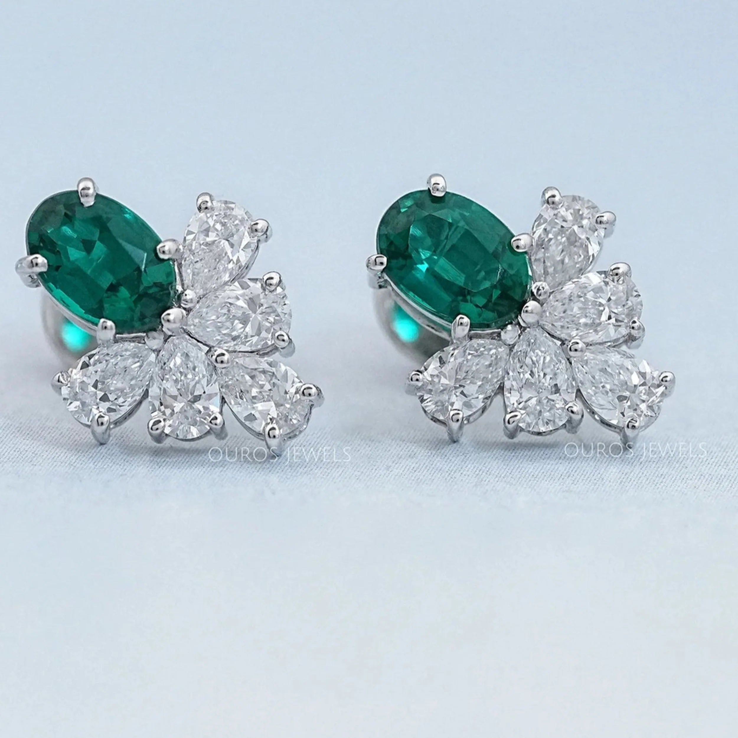 Green Oval  And Pear Lab Diamond Floral Stud Earrings