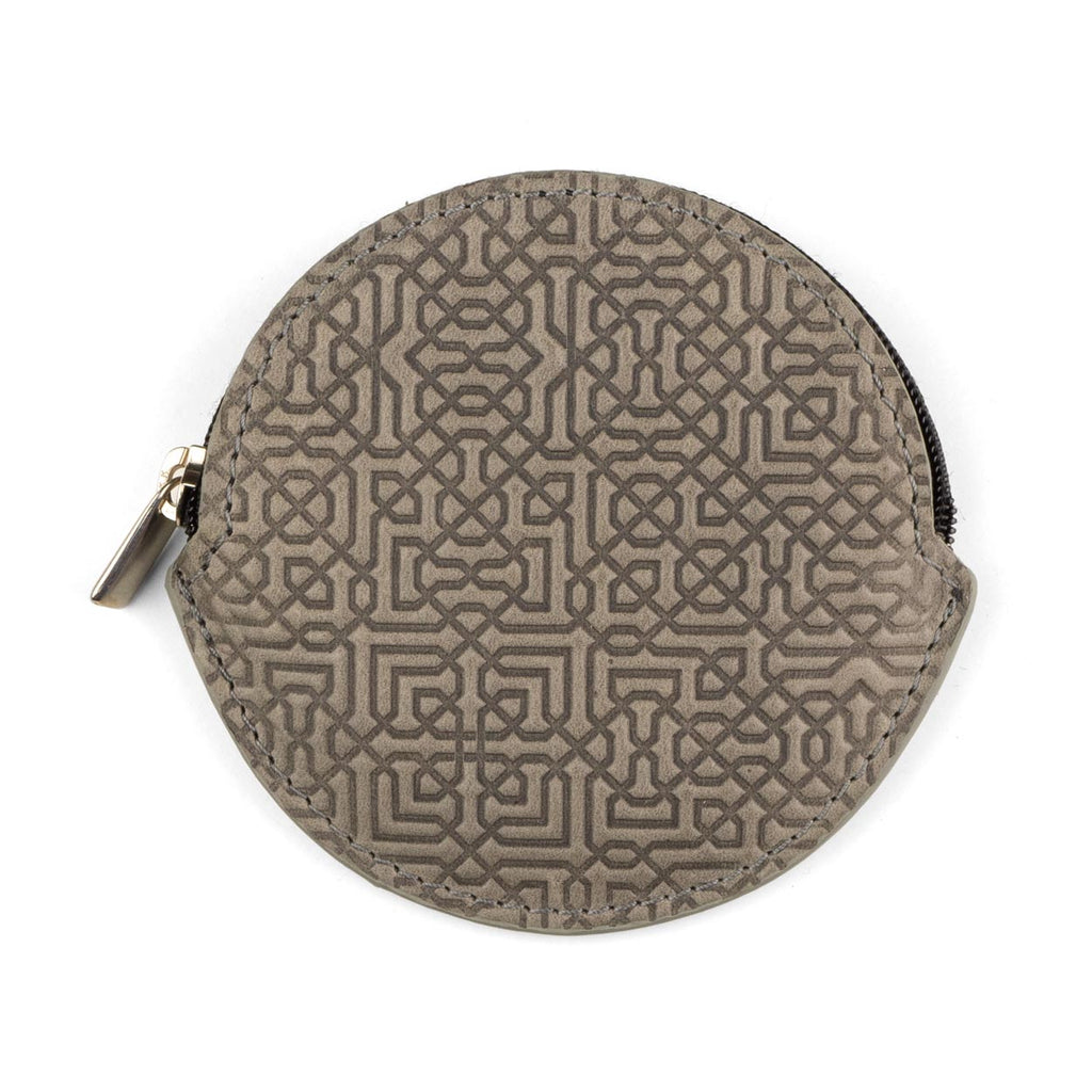 Grey Leather Coin Purse with Embossed Arabesque