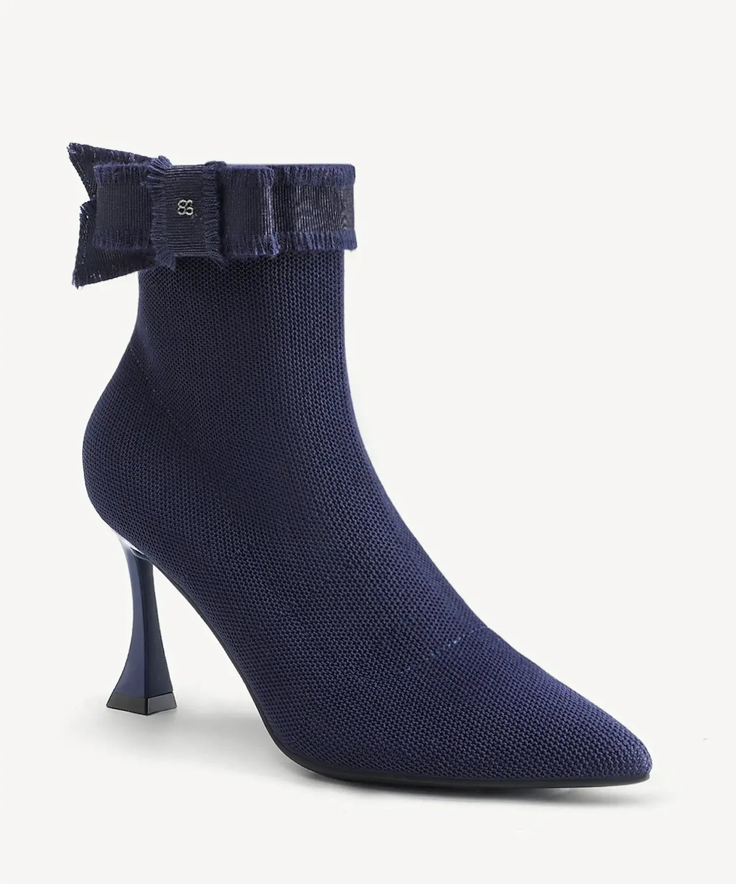 BelleKnit Bow Pointed Toe Heeled Ankle Boot - Navy Blue / US 7.5 | EU 38 | UK 5.5