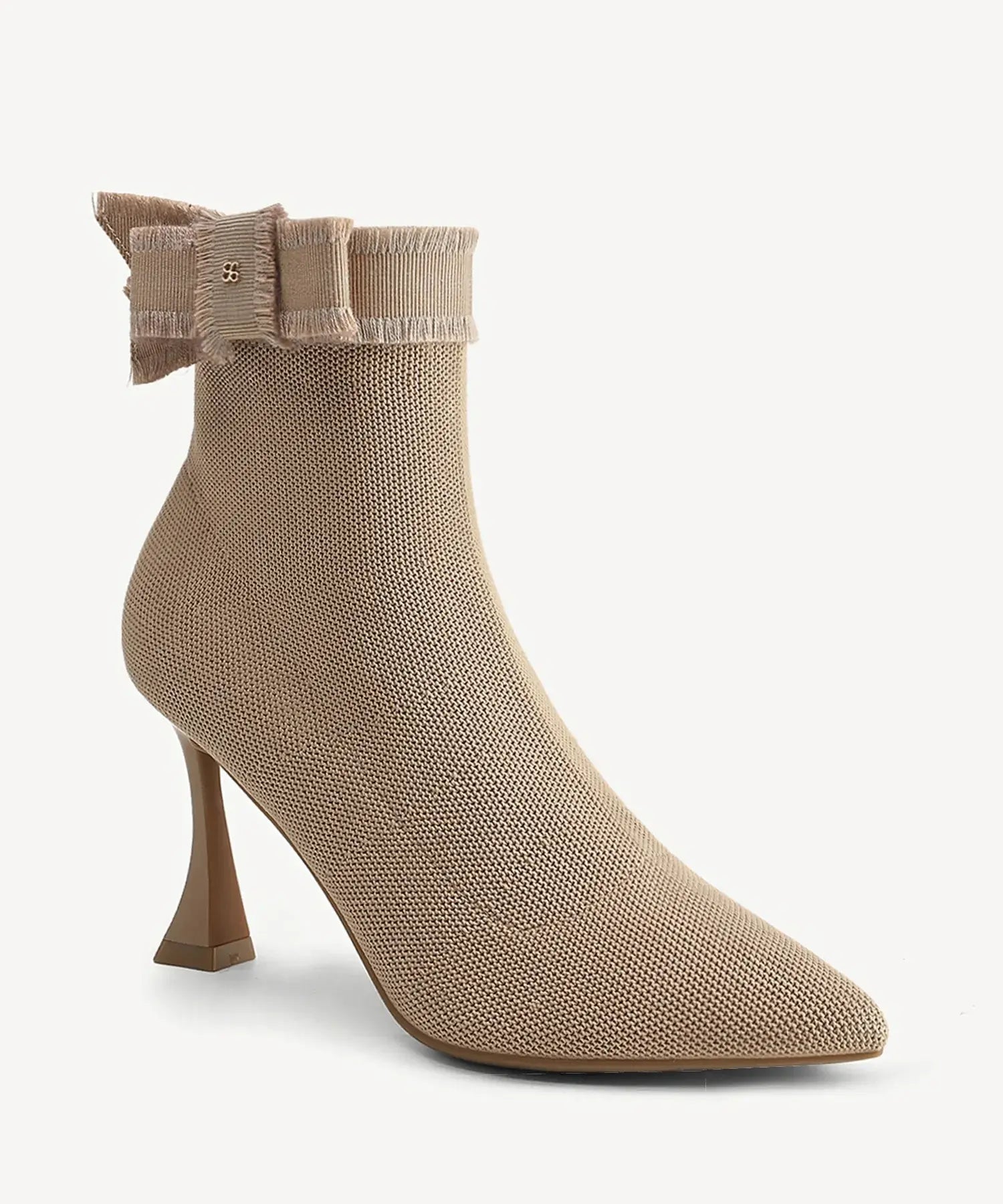 BelleKnit Bow Pointed Toe Heeled Ankle Boot - Apricot / US 7.5 | EU 38 | UK 5.5