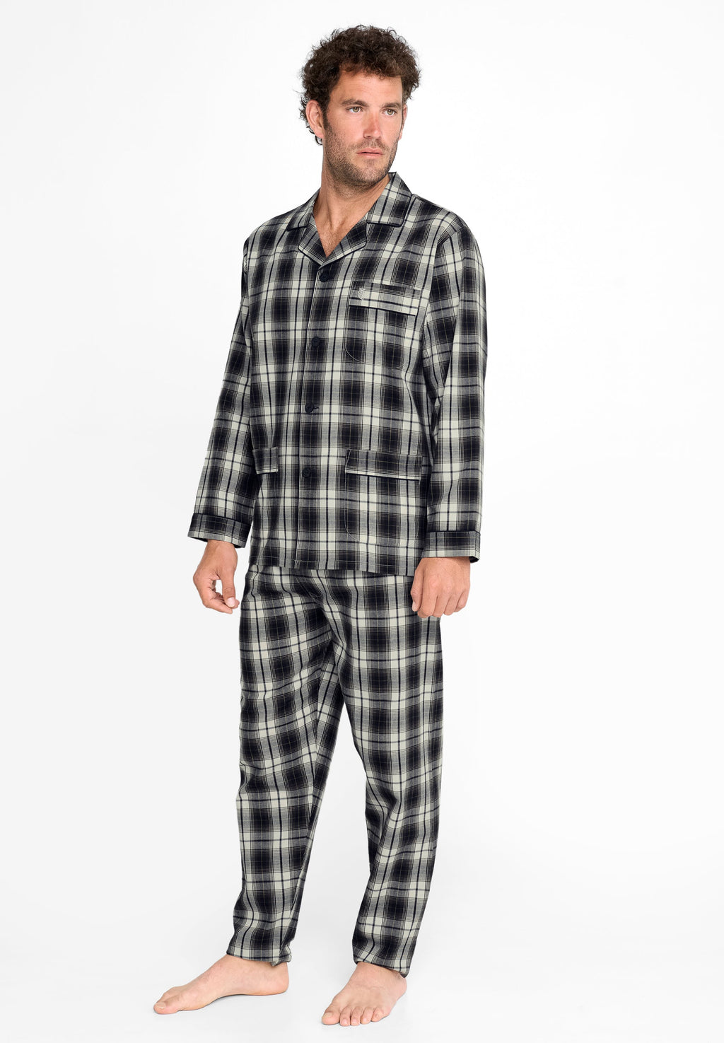 Pijama Hombre Invierno Solapa Algodón Franela Cuadros - Gris 2911_22