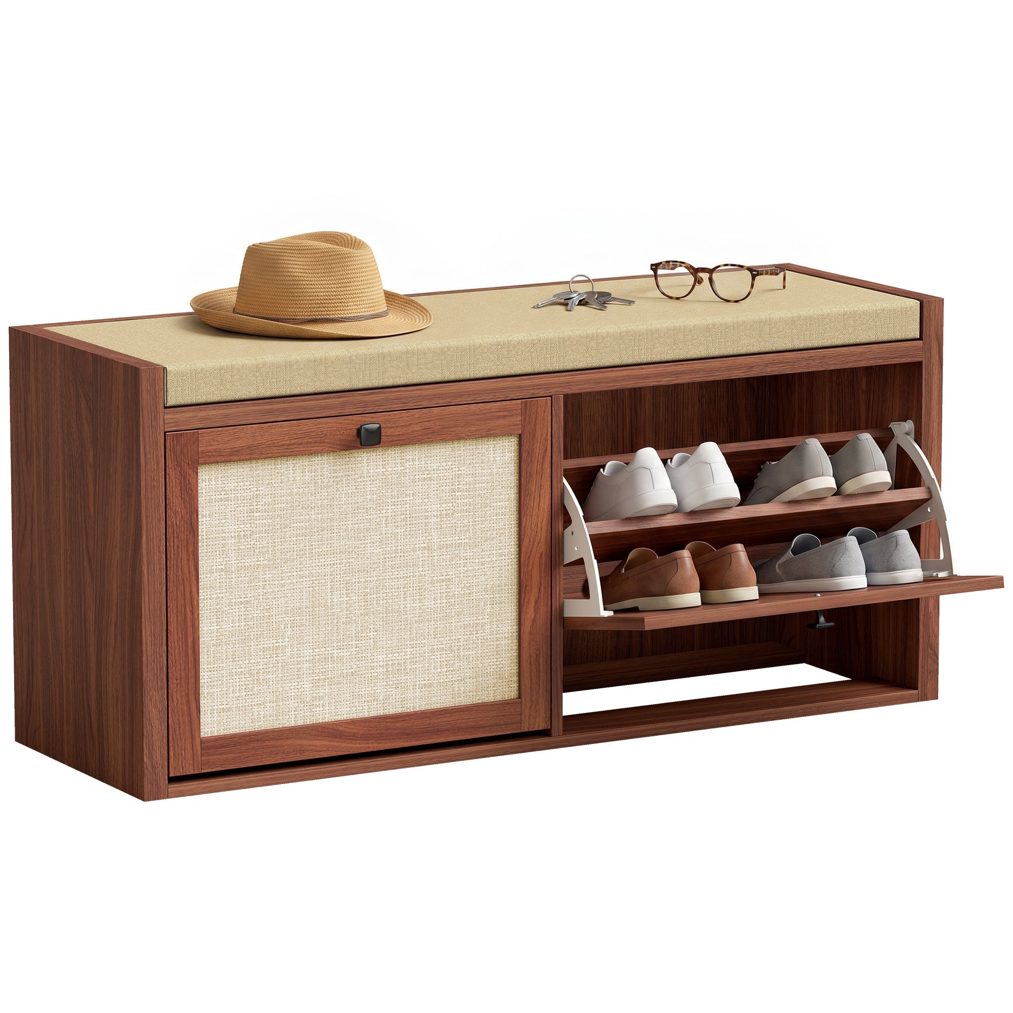 Rattan Shoe Storage Bench with Padded Cushion & 2 Hidden Cabinets, 41.3" W x 13.8" D x 19.7" H, Brown