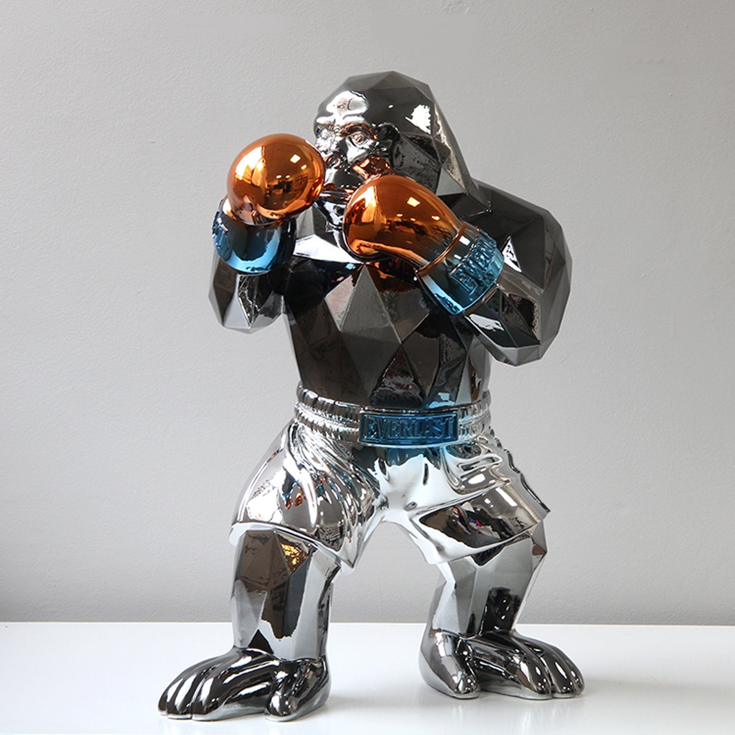 ArtZ® Urban Primate Boxing Gorilla Sculpture - Black Gorilla; Silver Shorts; Orange Gloves
