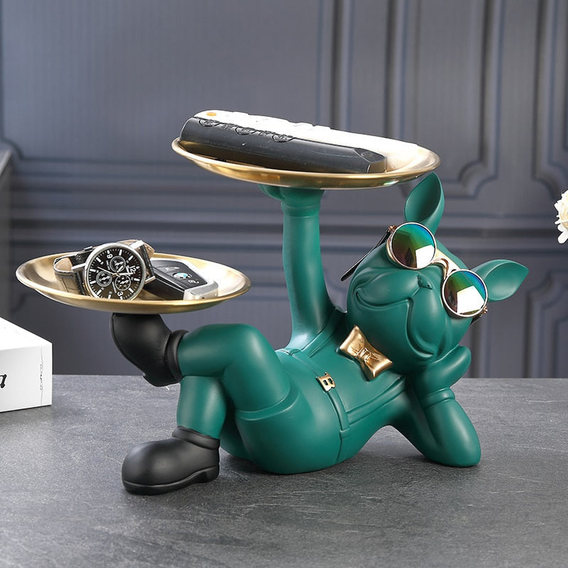 ArtZ® Lazy Bulldog Sculpture With Double Tray - Green