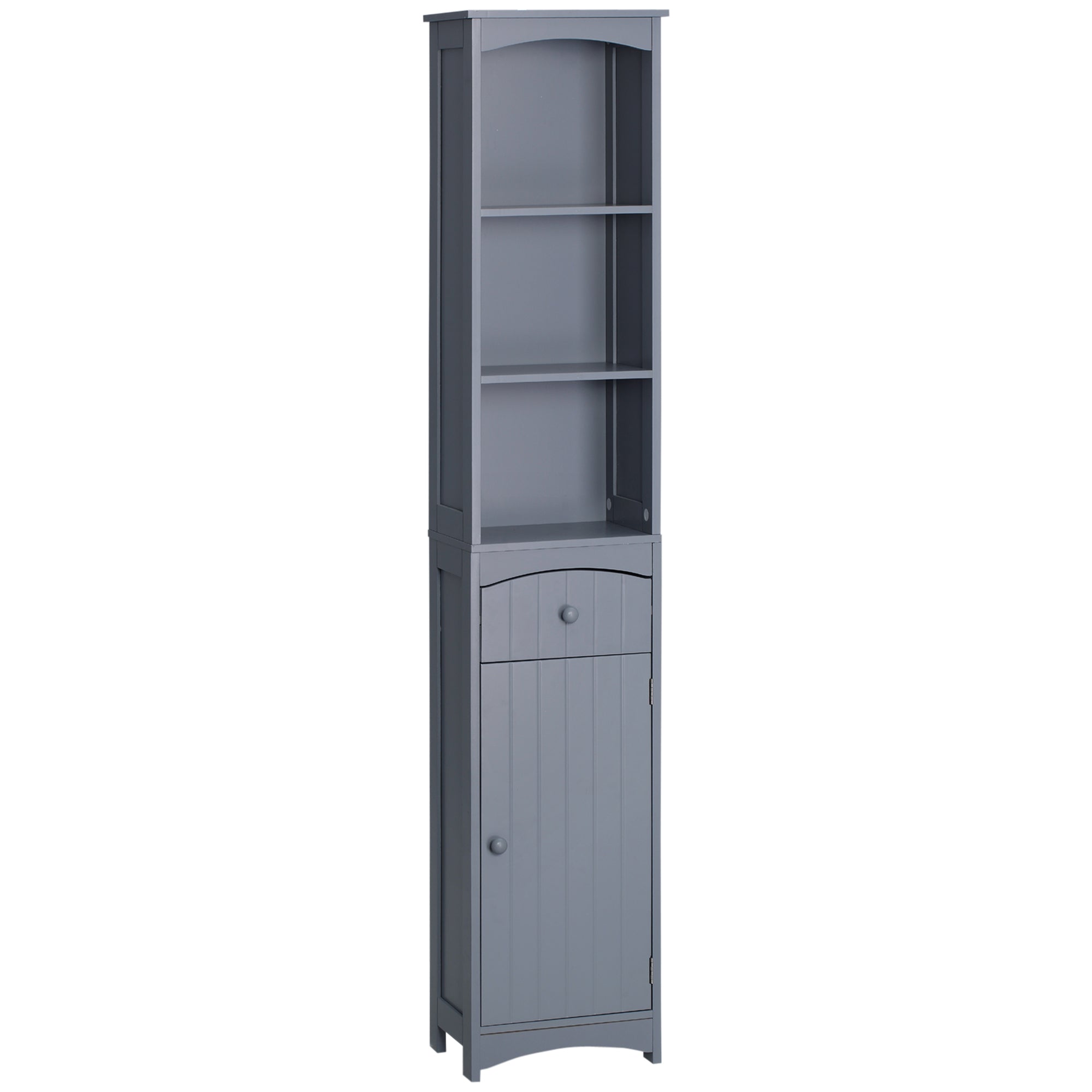 Bathroom Storage Cabinet, Tall Linen Tower with 3-Tier Shelves and Drawer and Door, Grey