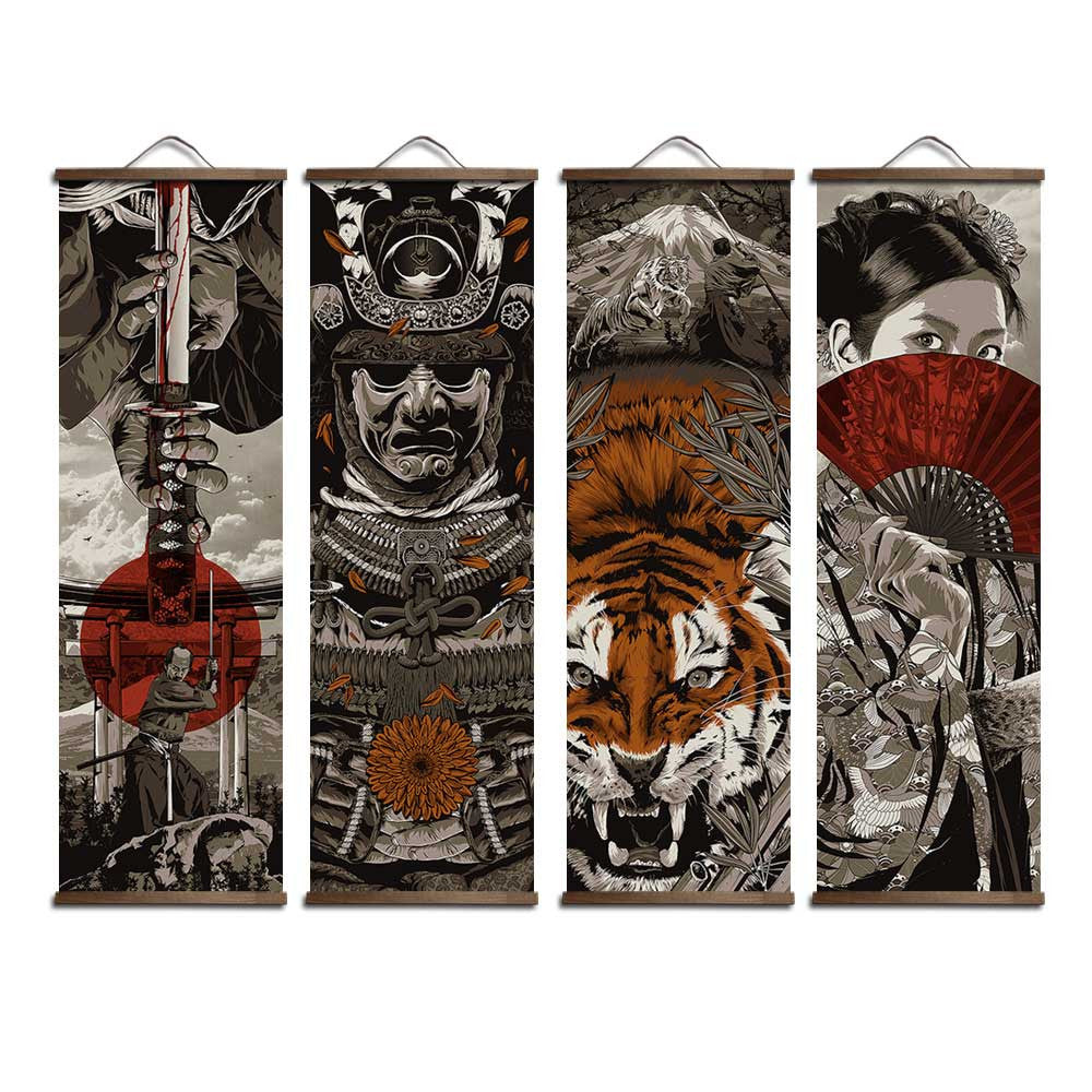 ArtZ® Heart Of A Warrior Samurai Paintings - Whole Set (4 Paintings) / 9.8 inch by 31.5 inch (25x80cm)