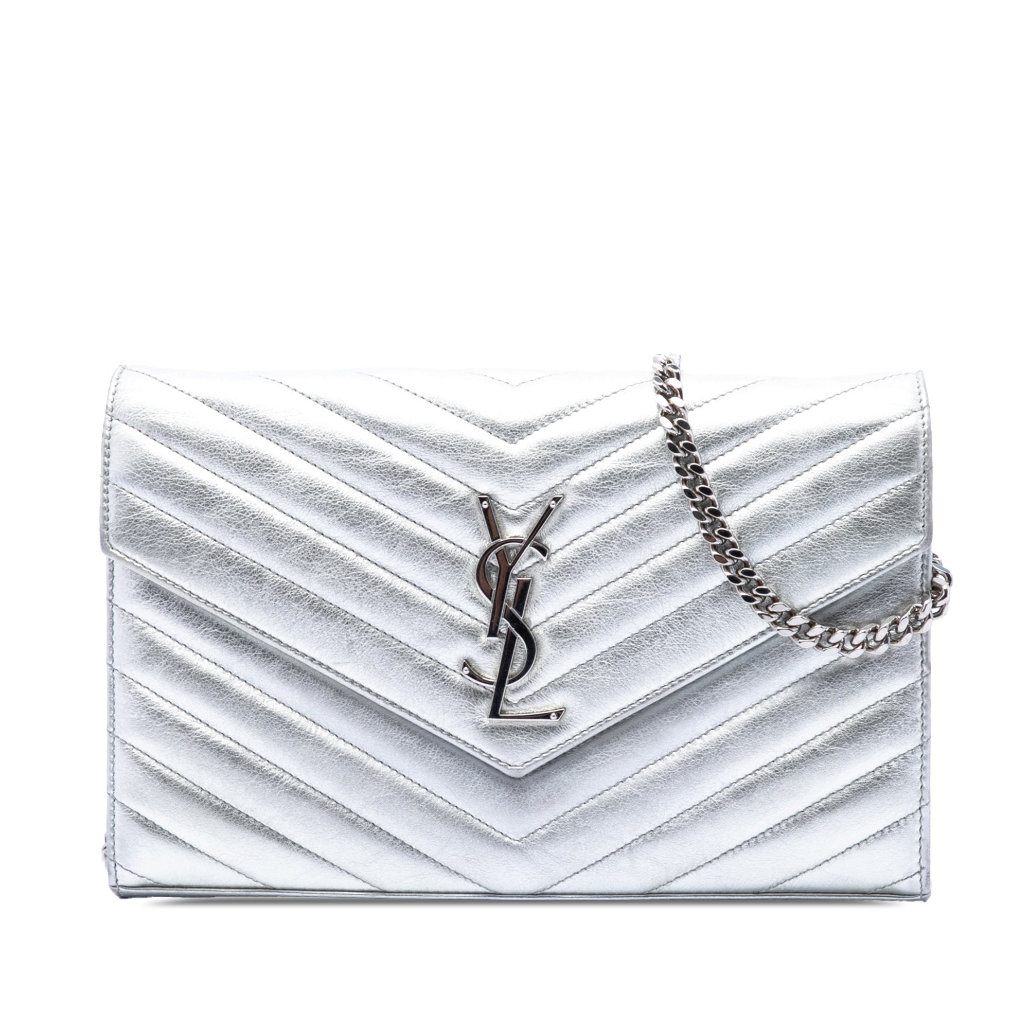 Metallic Calfskin Matelasse Chevron Monogram Chain Wallet