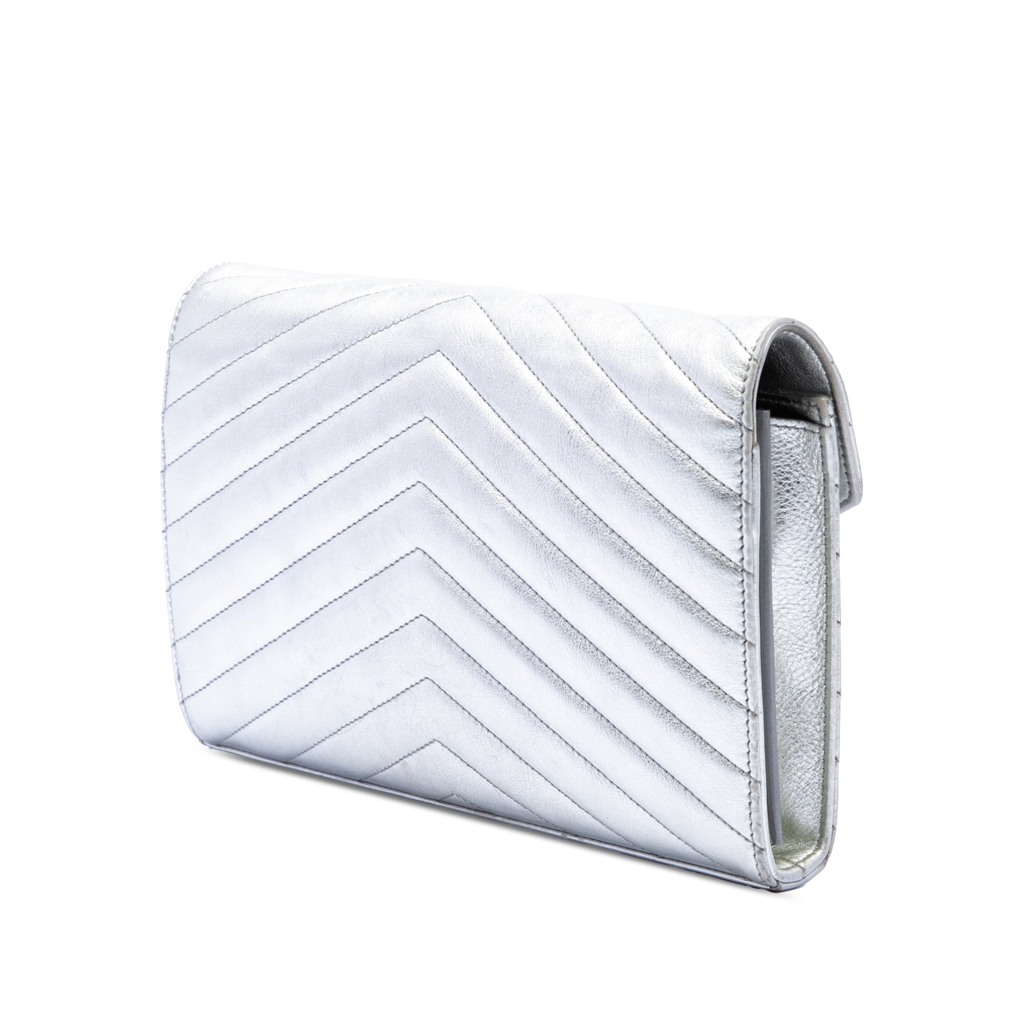 Metallic Calfskin Matelasse Chevron Monogram Chain Wallet