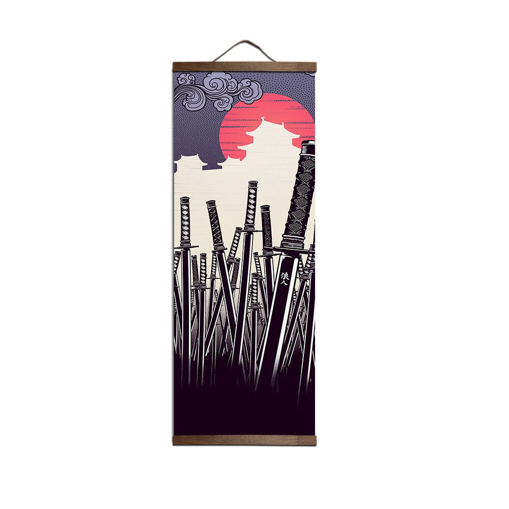 ArtZ® Red Warrior Samurai Paintings - Black Swords / 9.8 inch by 31.5 inch (25x80cm)