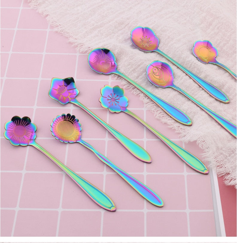 ArtZ® 8-piece Stainless Steel Flower Teaspoon Set - Colorful 8 Pieces