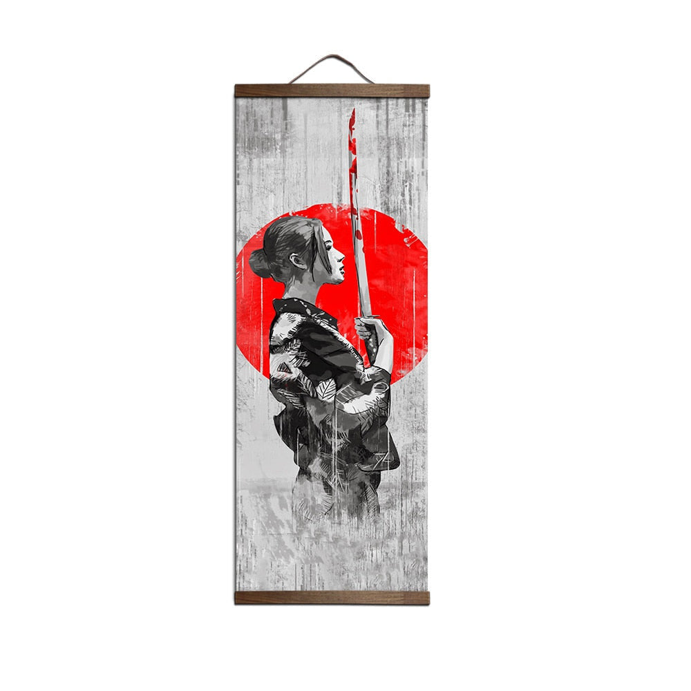 ArtZ® Red Warrior Samurai Paintings - Lady Warrior / 15.7 inch by 50.4 inch (40x128cm)