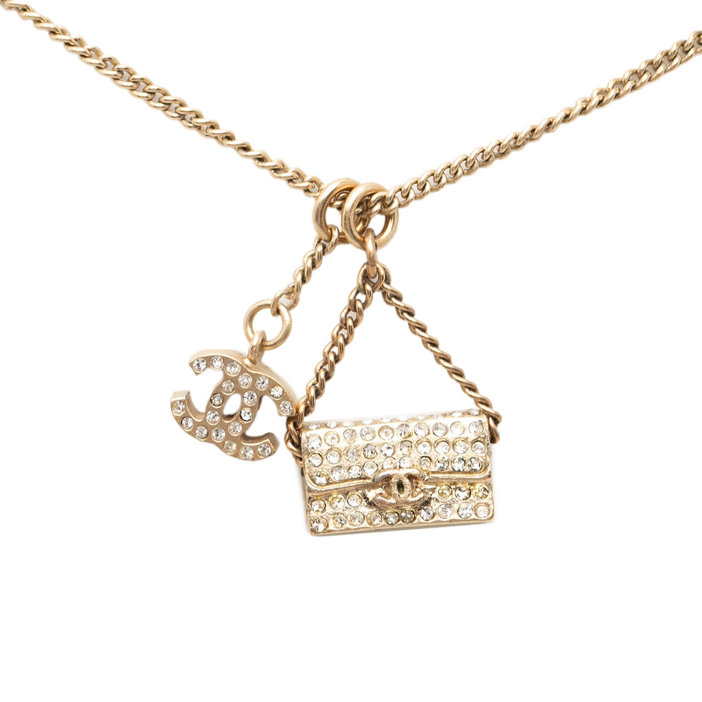 Gold Plated Rhinestone CC and Flap Bag Pendant Necklace