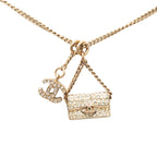 Gold Plated Rhinestone CC and Flap Bag Pendant Necklace