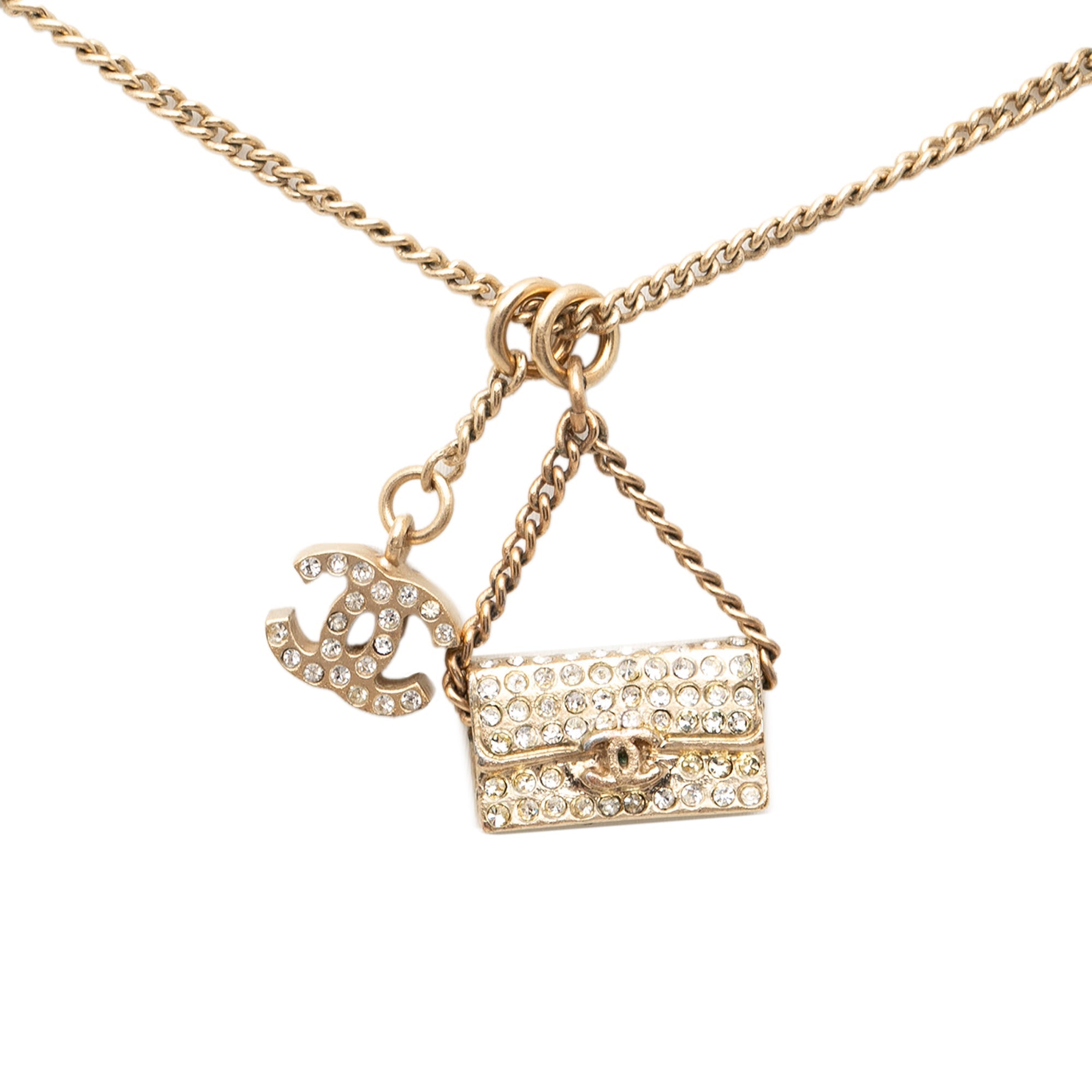Gold Plated Rhinestone CC and Flap Bag Pendant Necklace