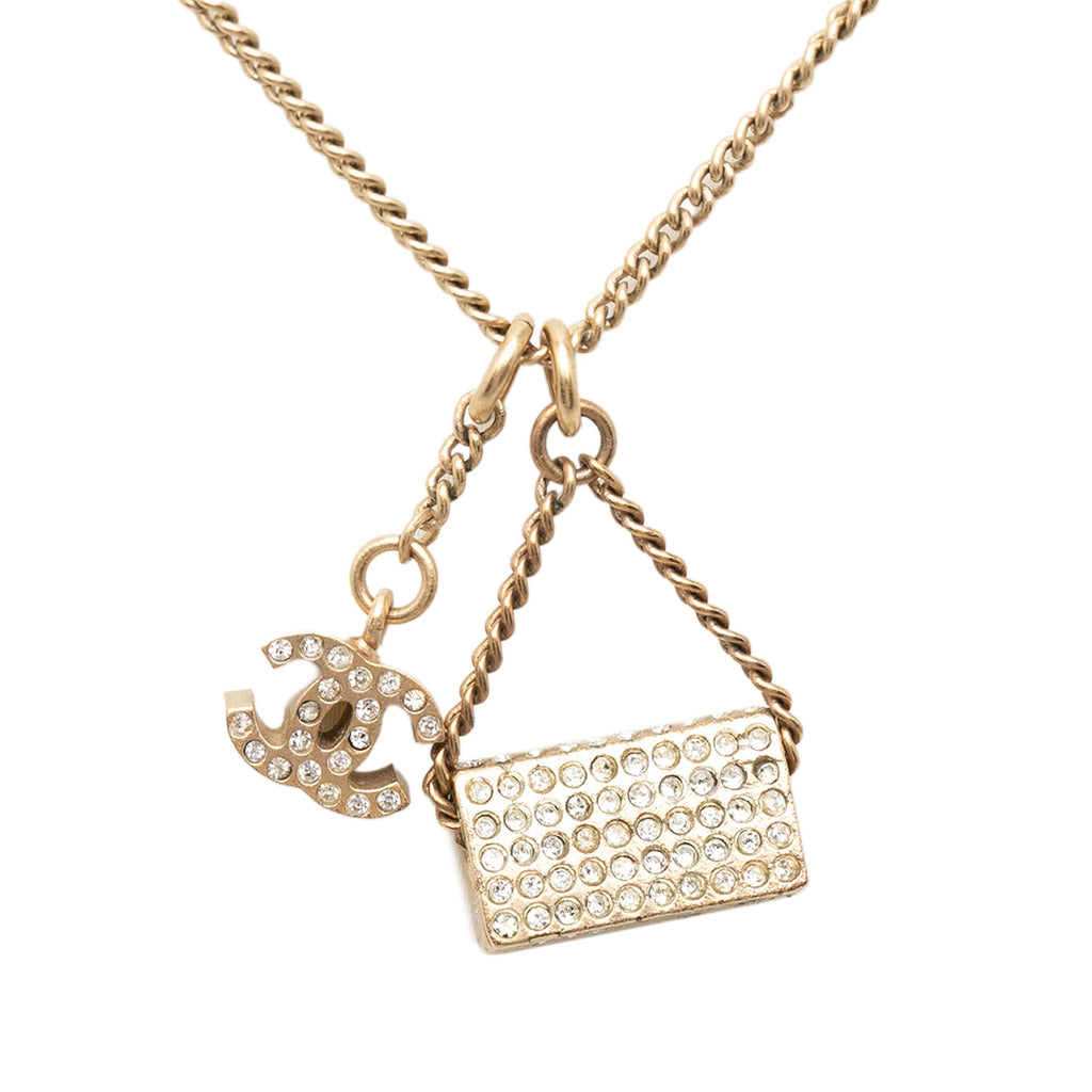 Gold Plated Rhinestone CC and Flap Bag Pendant Necklace