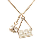 Gold Plated Rhinestone CC and Flap Bag Pendant Necklace