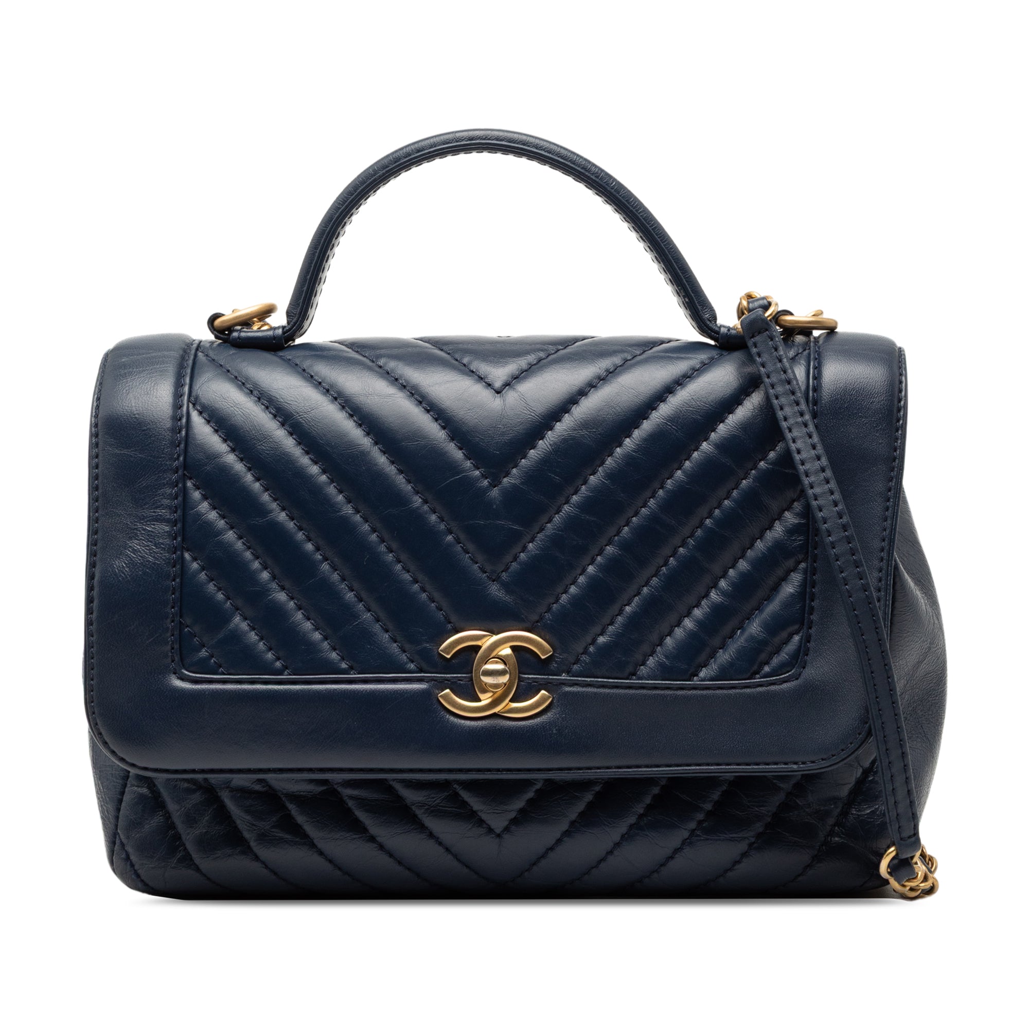 CC Chevron Aged Calfskin Top Handle Flap