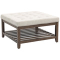 32 Inch Square Footrest Ottoman with Storage Shelf, Linen Upholstered Tufted Footstool, Padded Seat, Beige