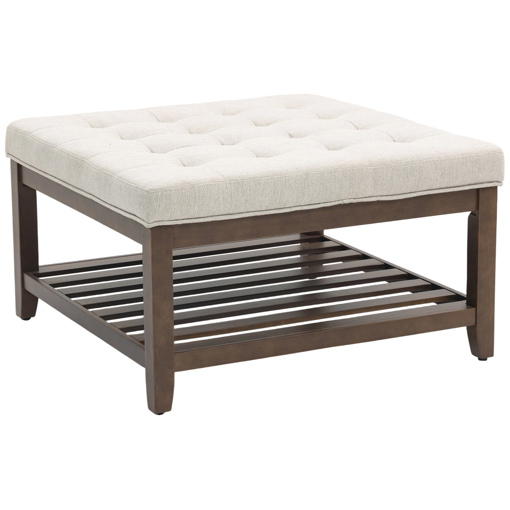 32 Inch Square Footrest Ottoman with Storage Shelf, Linen Upholstered Tufted Footstool, Padded Seat, Beige