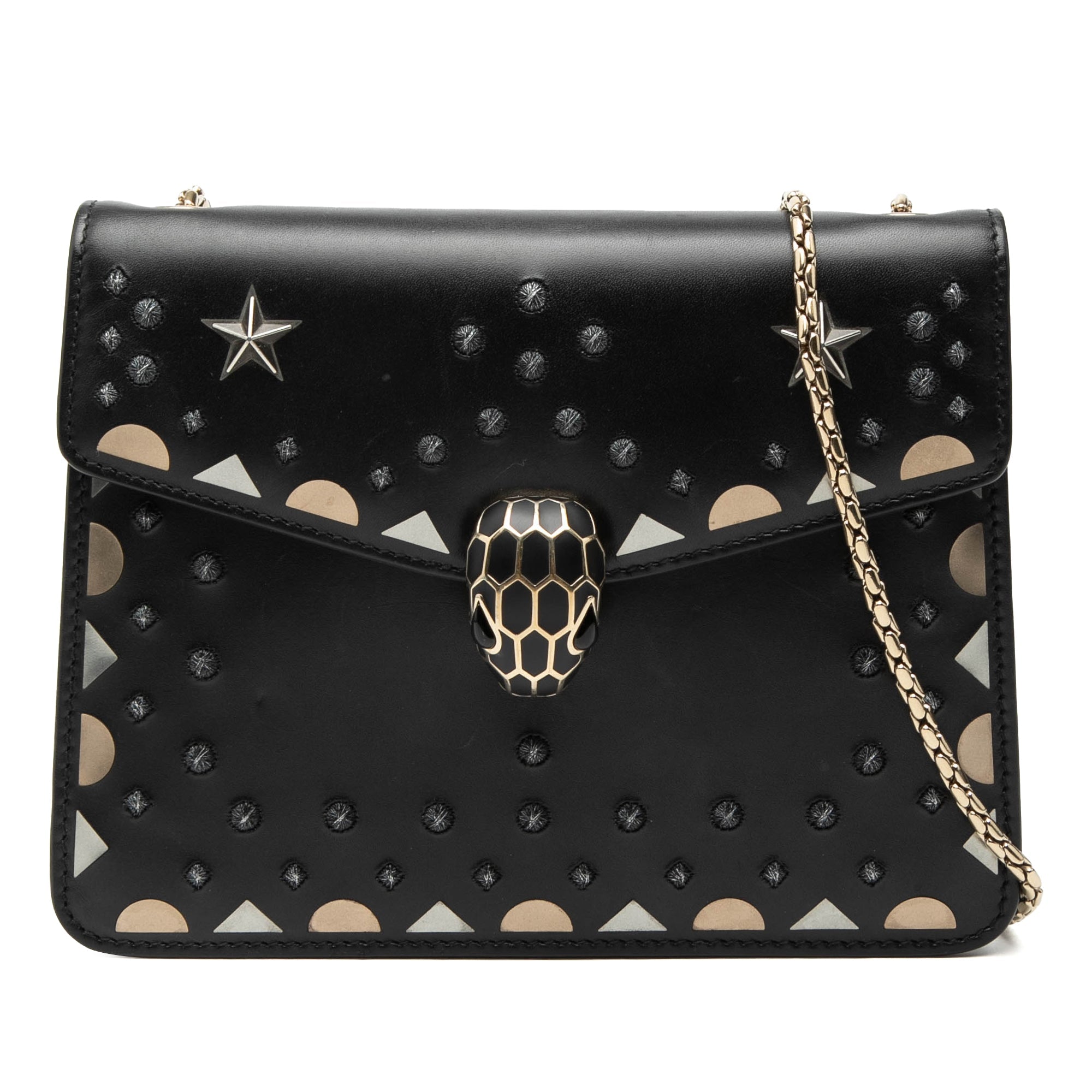 Small Studded Leather Laser Cut Square Serpenti Forever Chain Crossbody