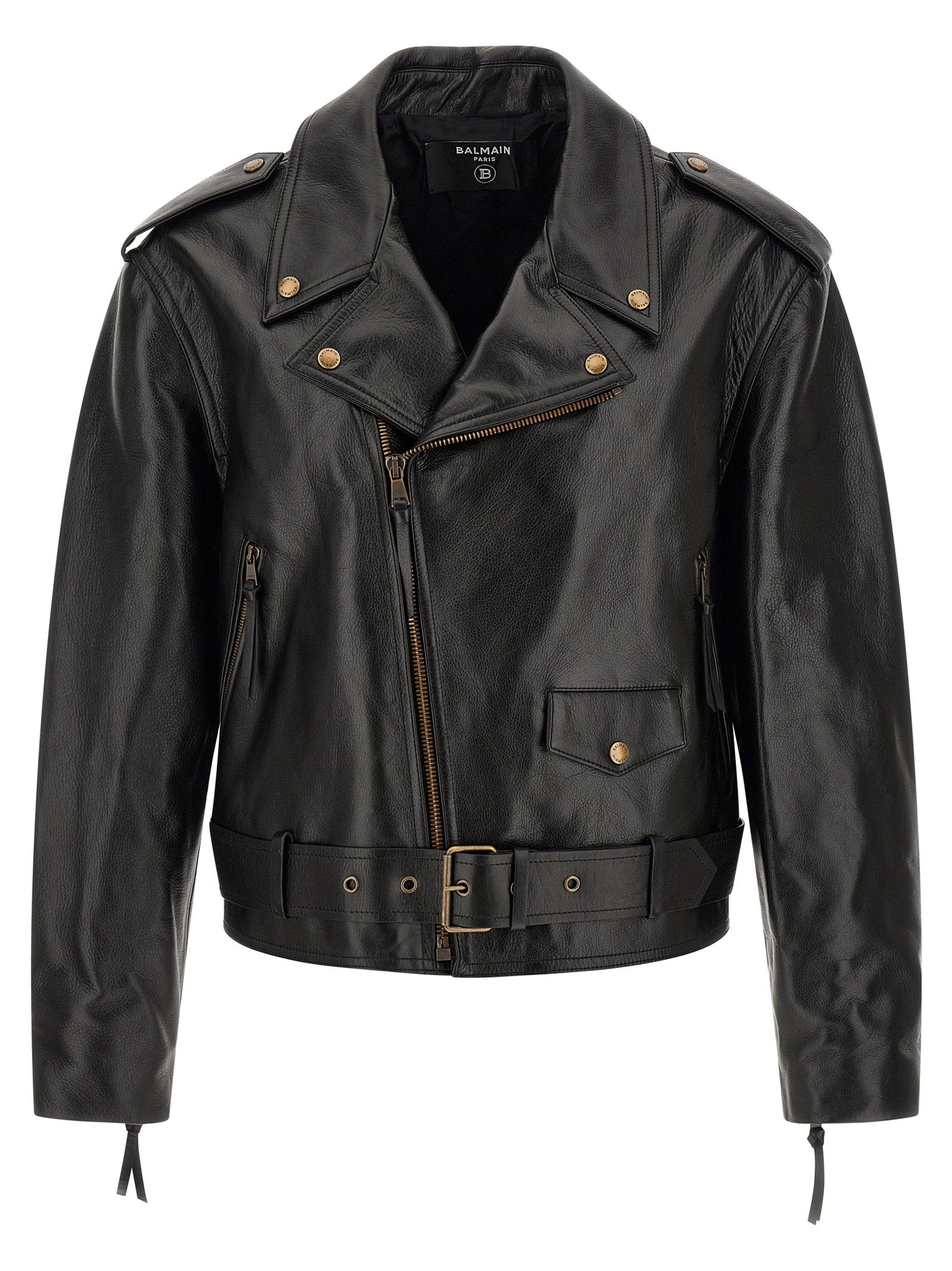 Balmain Textured Leather Biker Jacket — Black