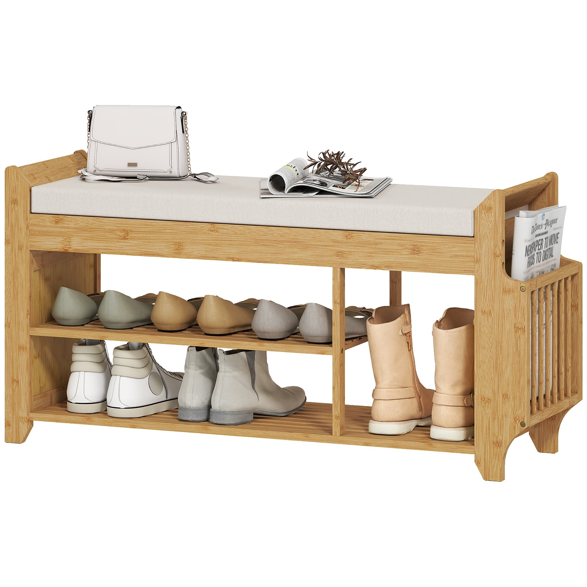 2-Tier Shoe Bench with Cushioned Seat and Side Umbrella Holder, 39.4" Bamboo Shoe Rack in Natural and Cream