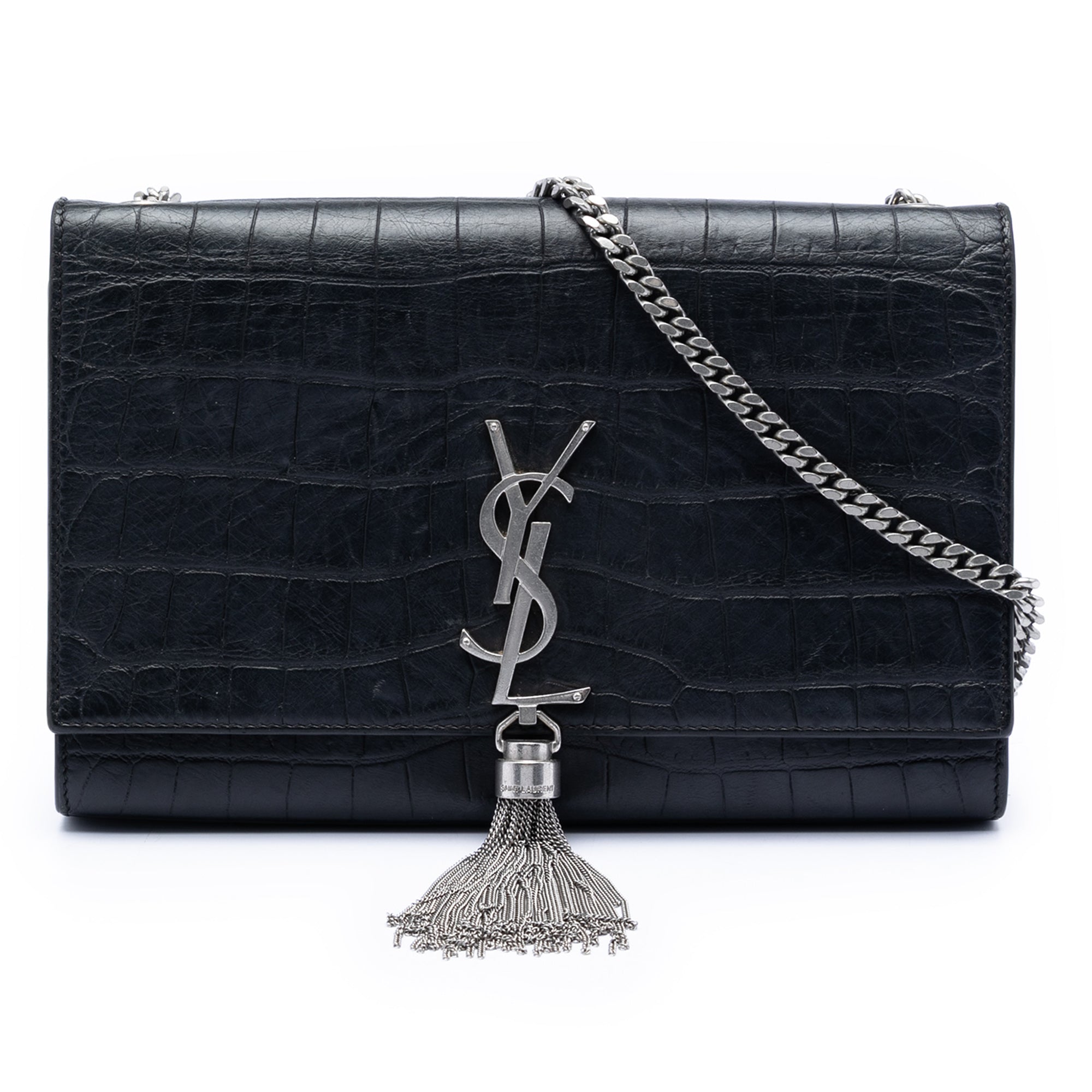 Medium Croc Embossed Leather Kate Tassel Crossbody