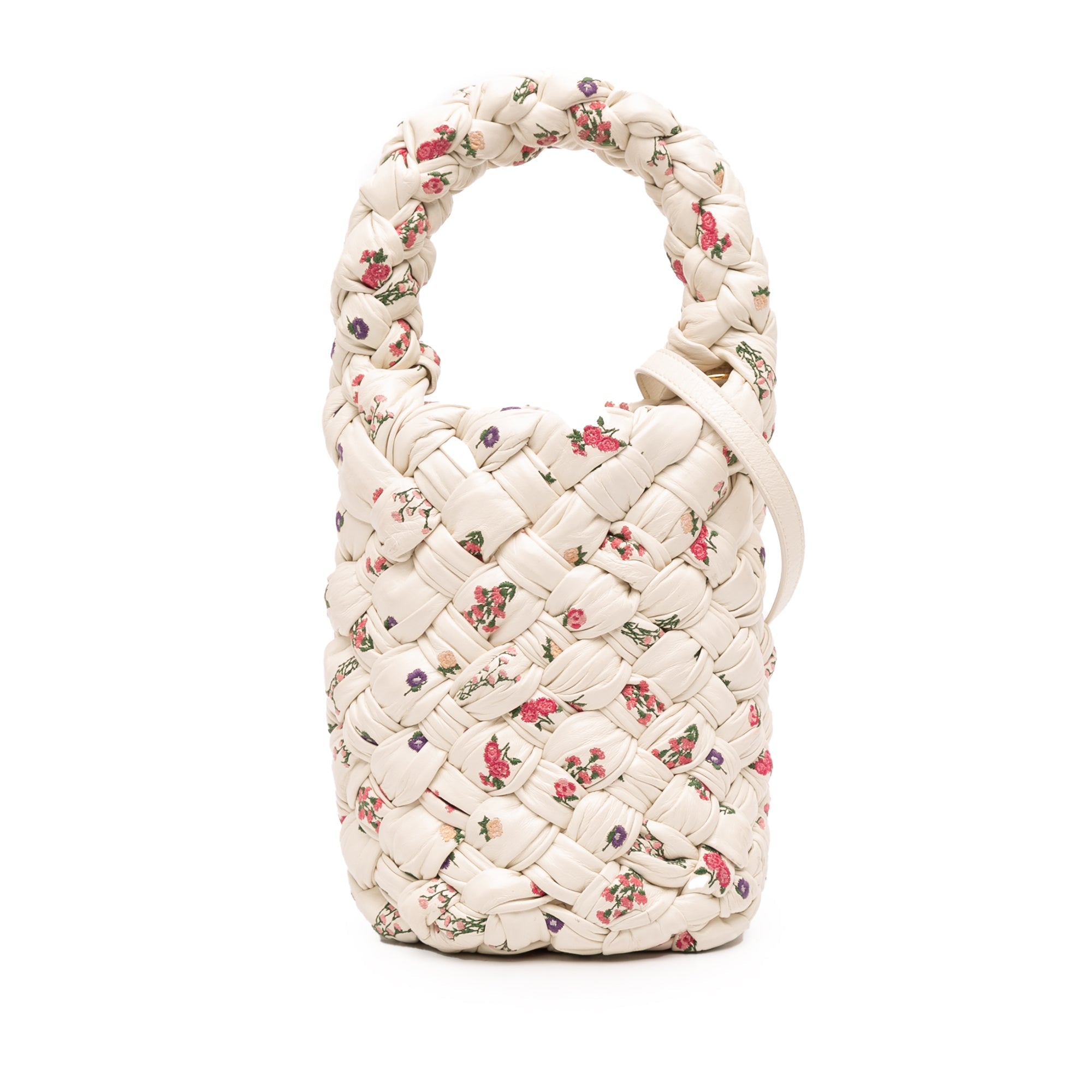 Small Floral Printed Leather Intrecciato Kalimero Bucket Bag