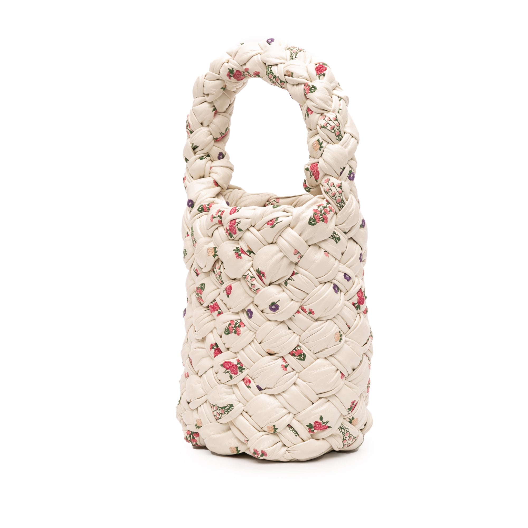 Small Floral Printed Leather Intrecciato Kalimero Bucket Bag