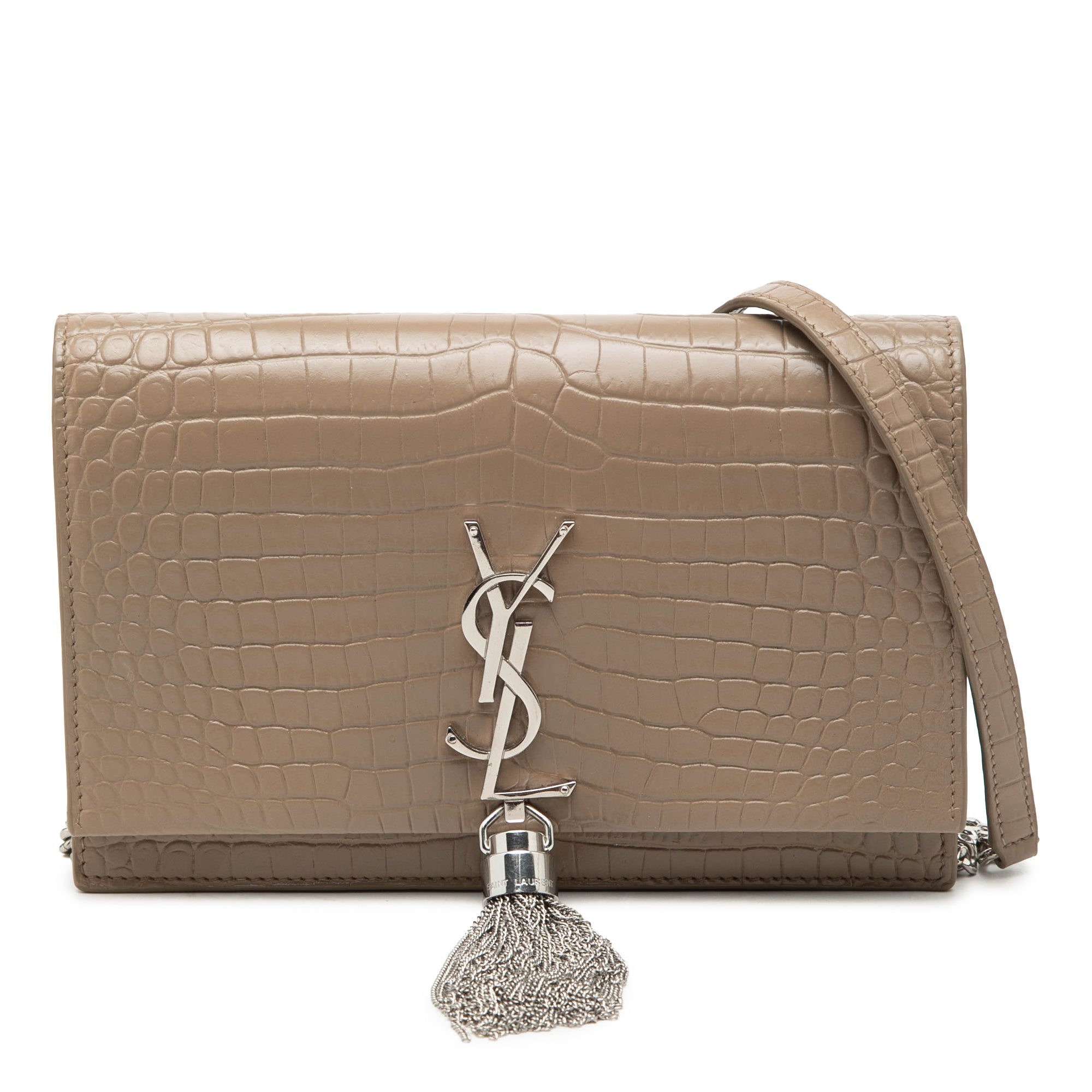 Small Croc Embossed Leather Monogram Kate Tassel Wallet on Chain