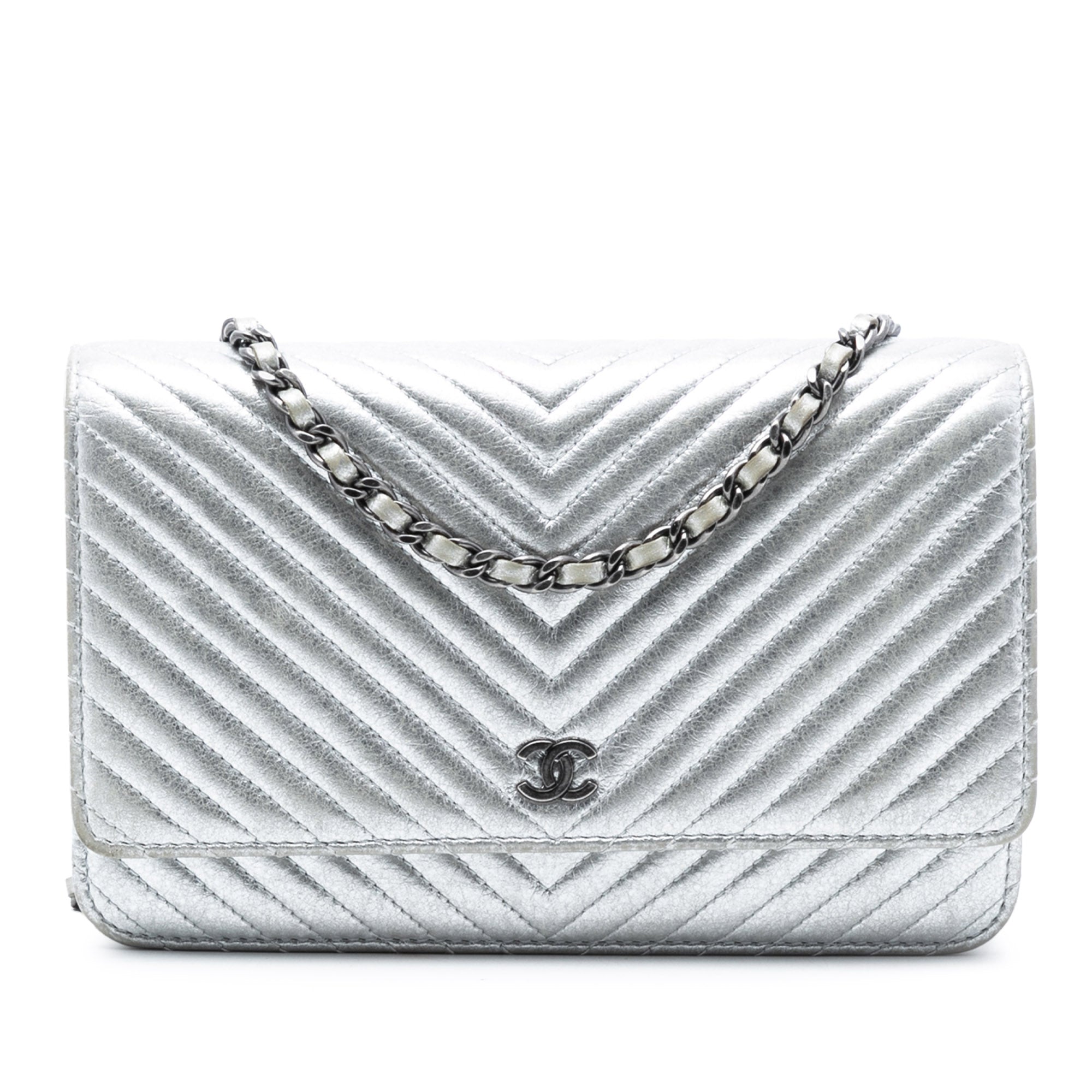 CC Chevron Metallic Lambskin Wallet On Chain