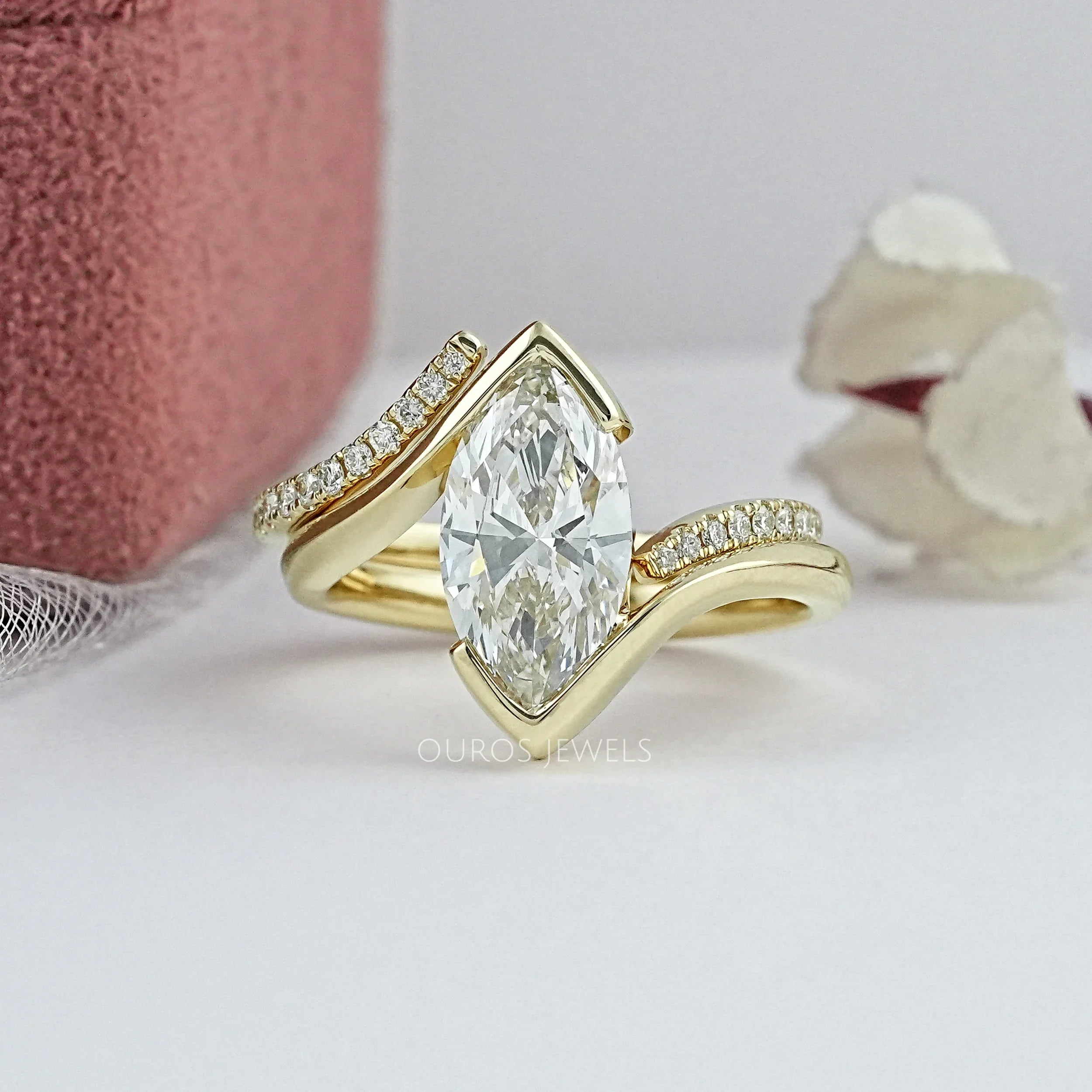 Half Bezel Marquise Lab Diamond Curved Ring Set