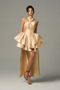 Champagne Halter Neck Flared Hip Cape Mini Dress